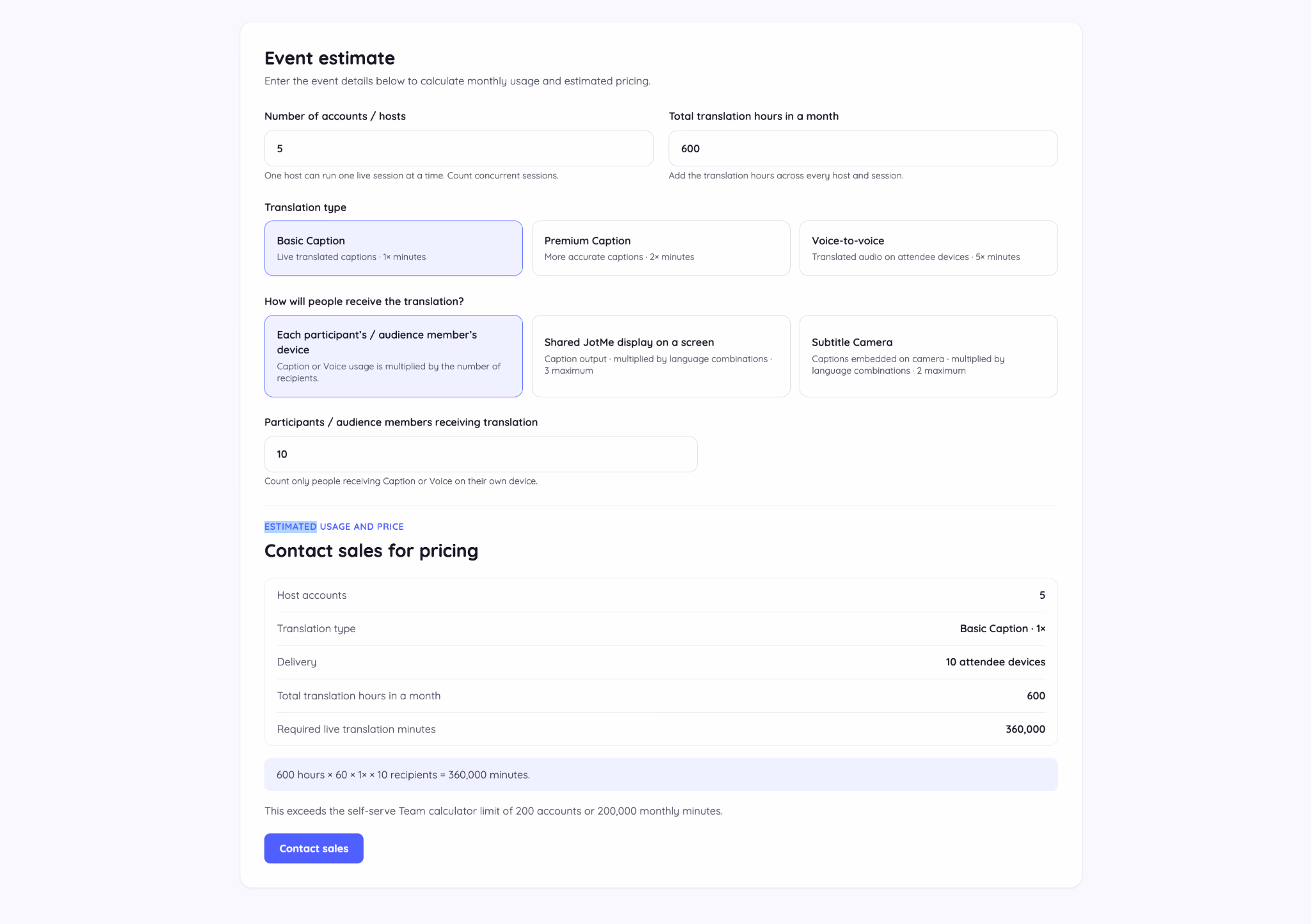 JotMe Event pricing calculator