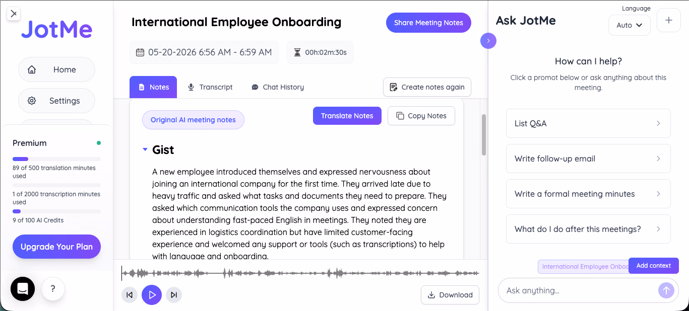 JotMe Transkript eines mehrsprachigen Onboarding-Meetings