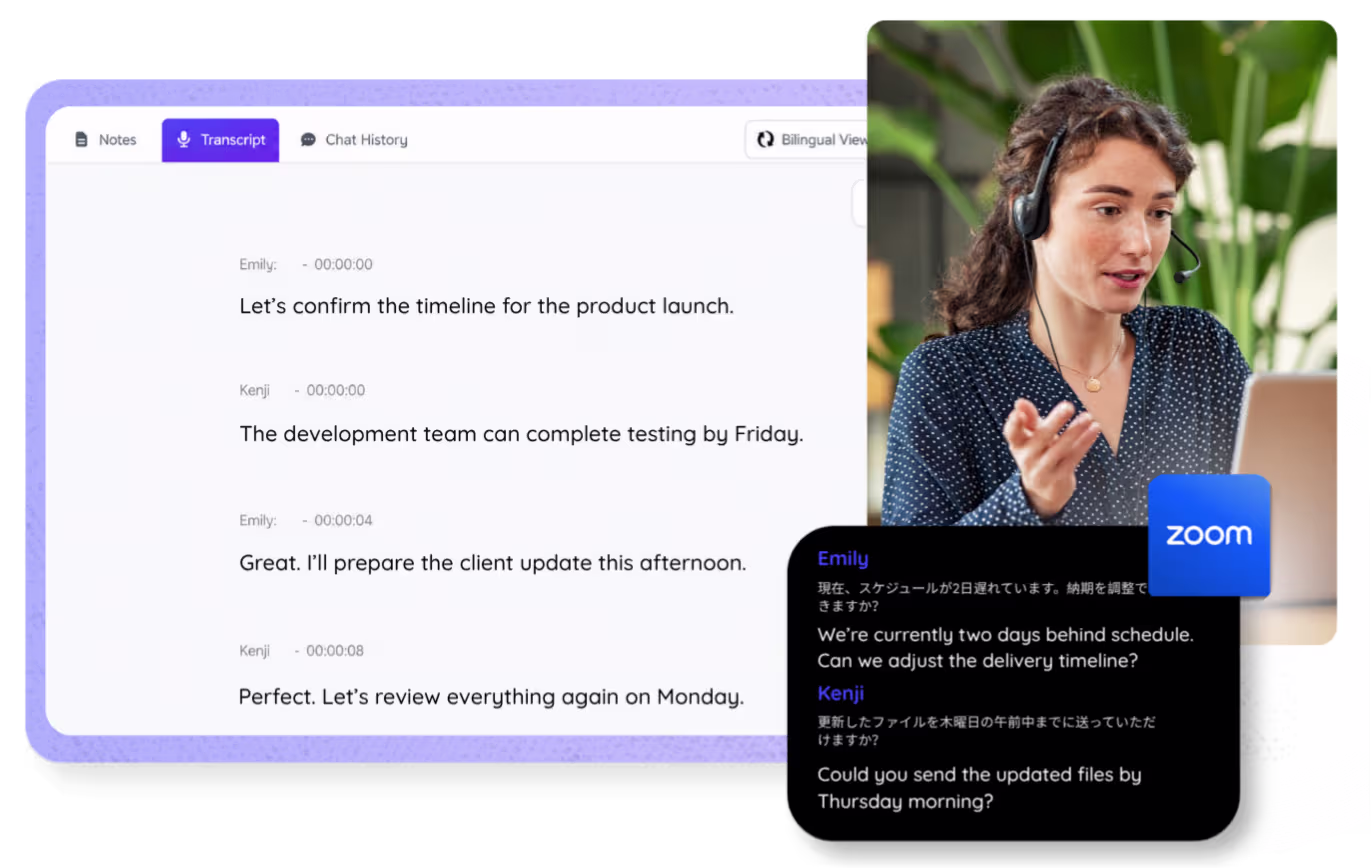 JotMe real-time Zoom transcription with speaker labels and custom vocabulary.