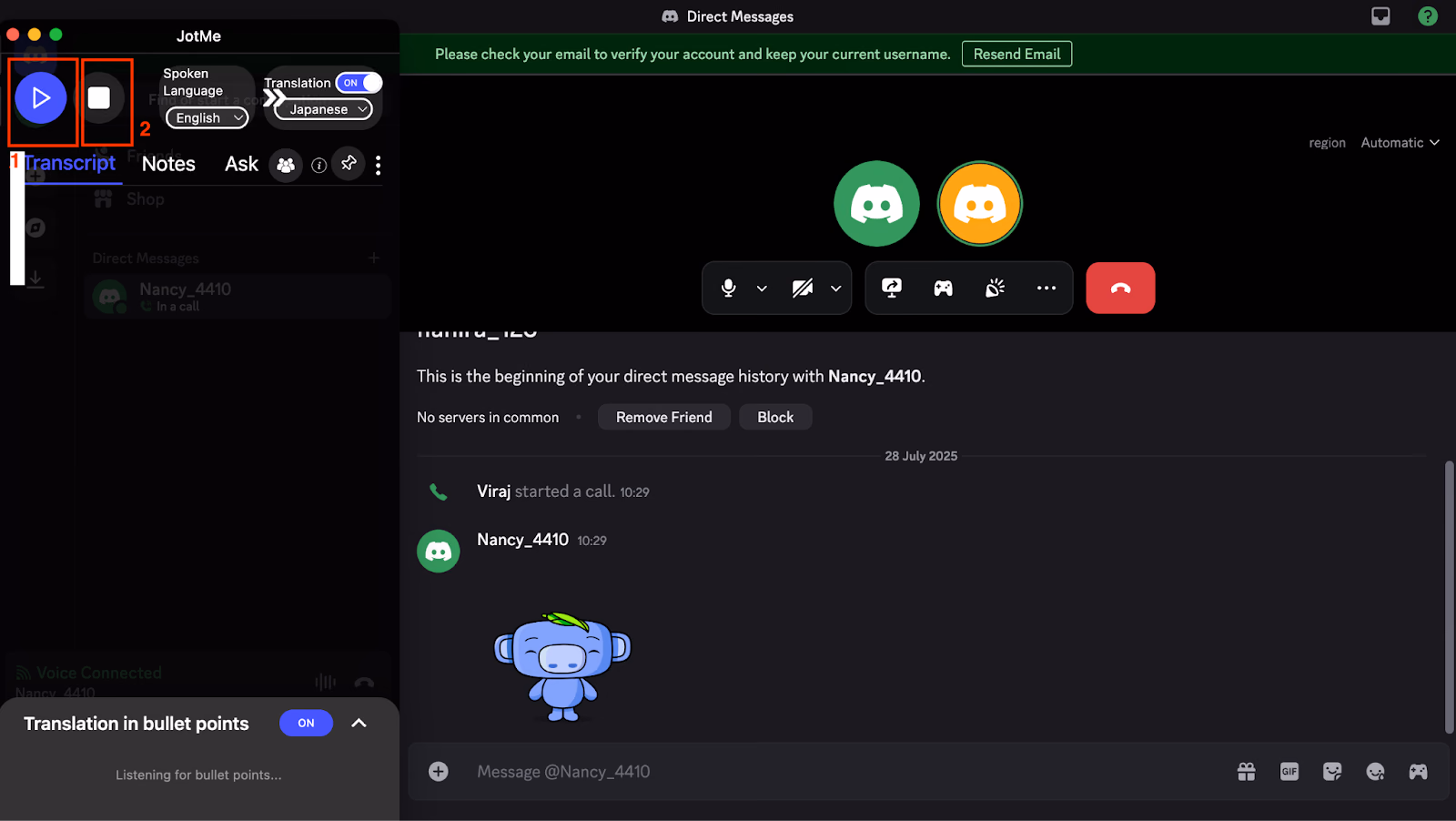 Live übersetzte Untertitel eines Discord-Anrufs in JotMe