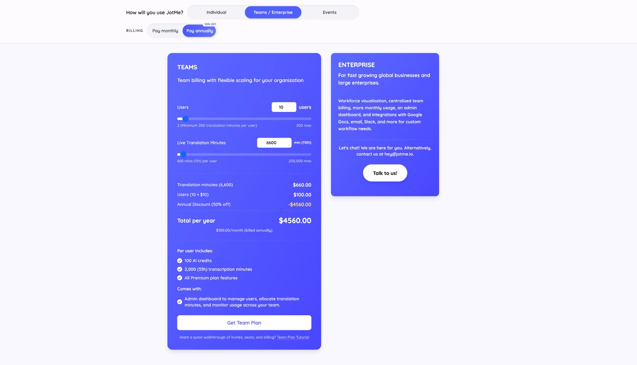 JotMe Team pricing calculator showing ten users