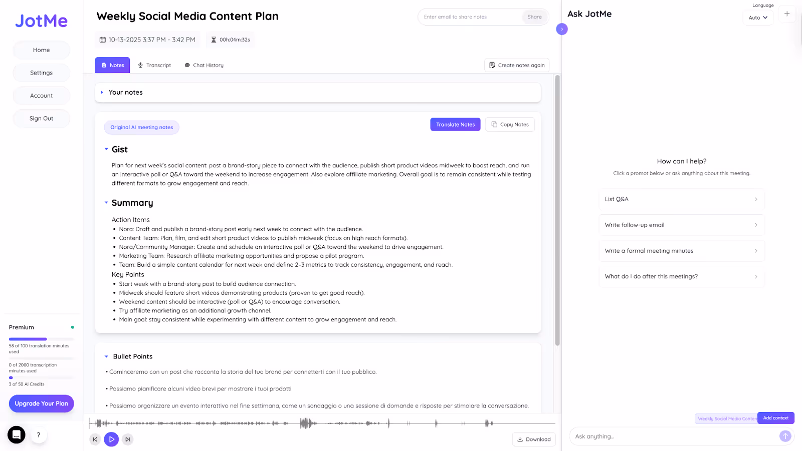 JotMe — Table of Content