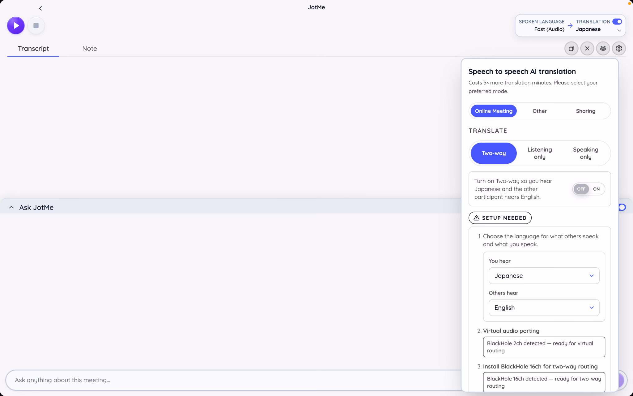 jotme speech to speech ai translation modes