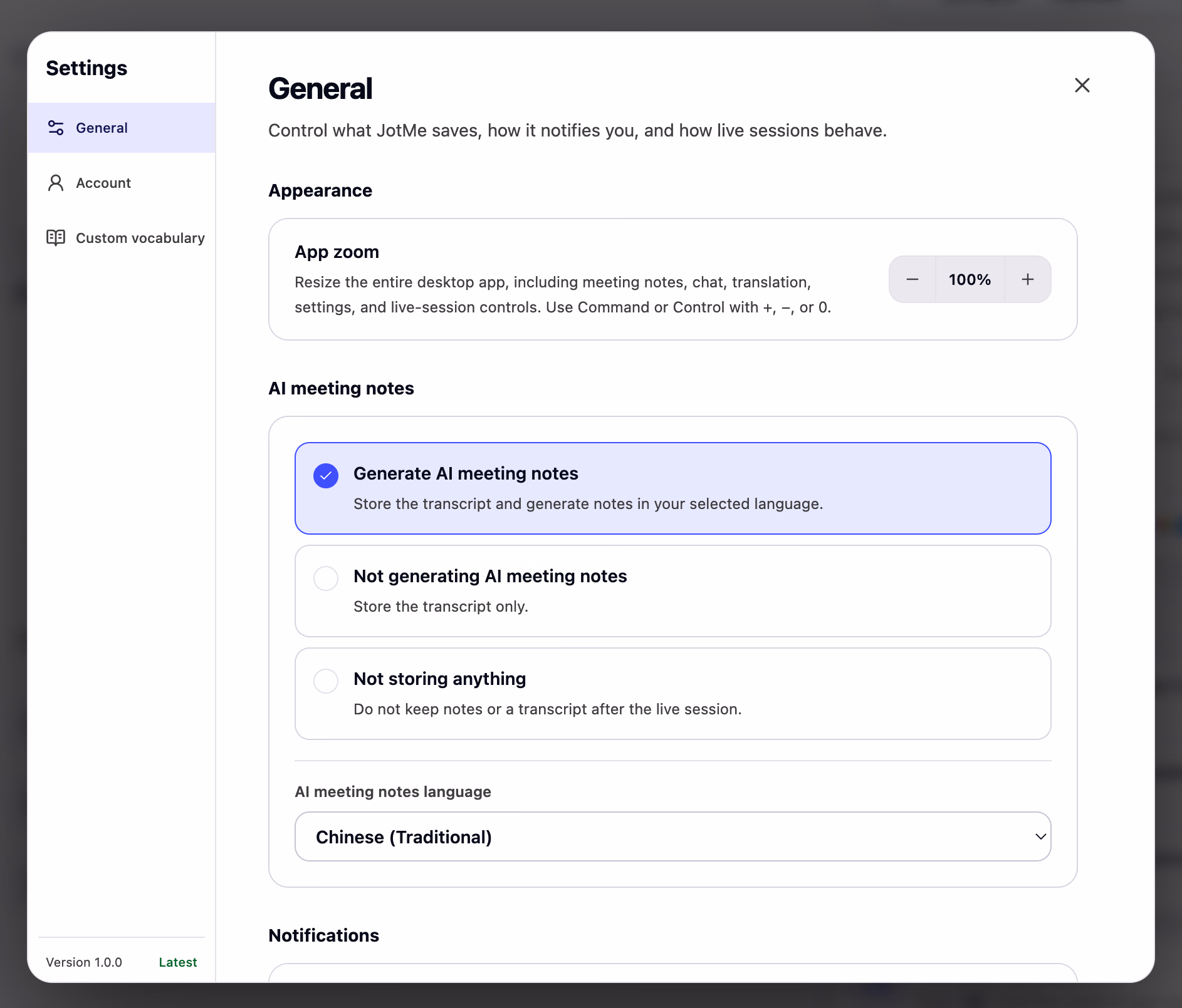 JotMe General settings