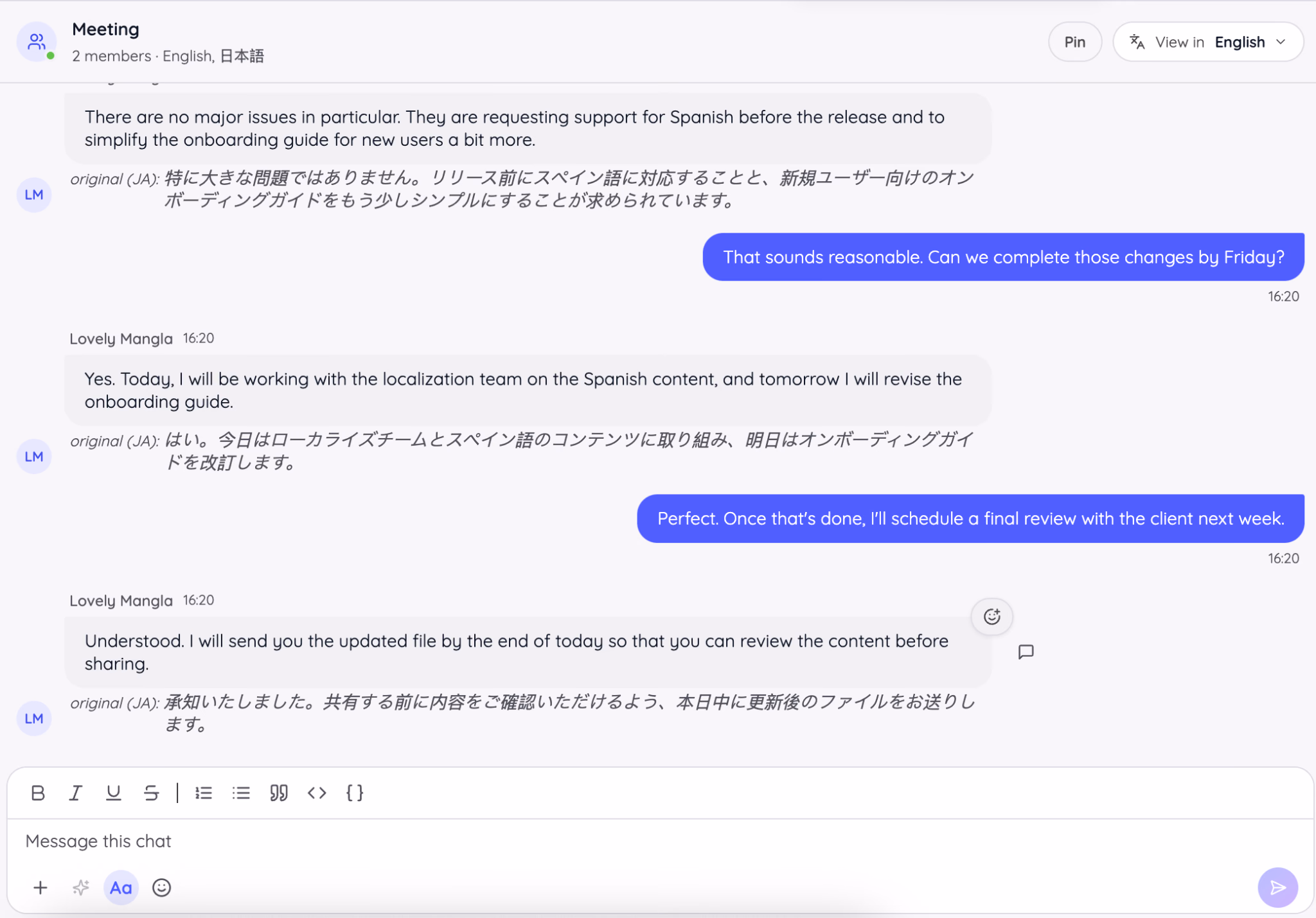 AI Chat in JotMe während eines mehrsprachigen Zoom-Meetings