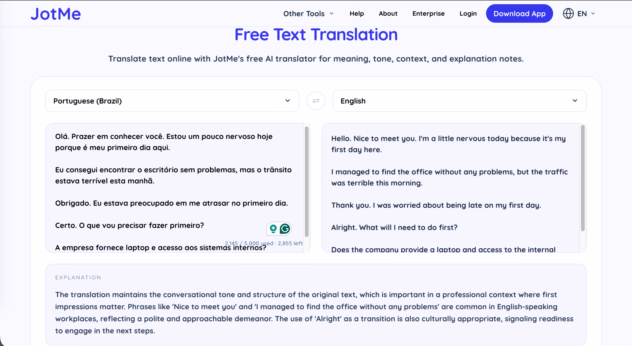 jotme free text portuguese to english translation