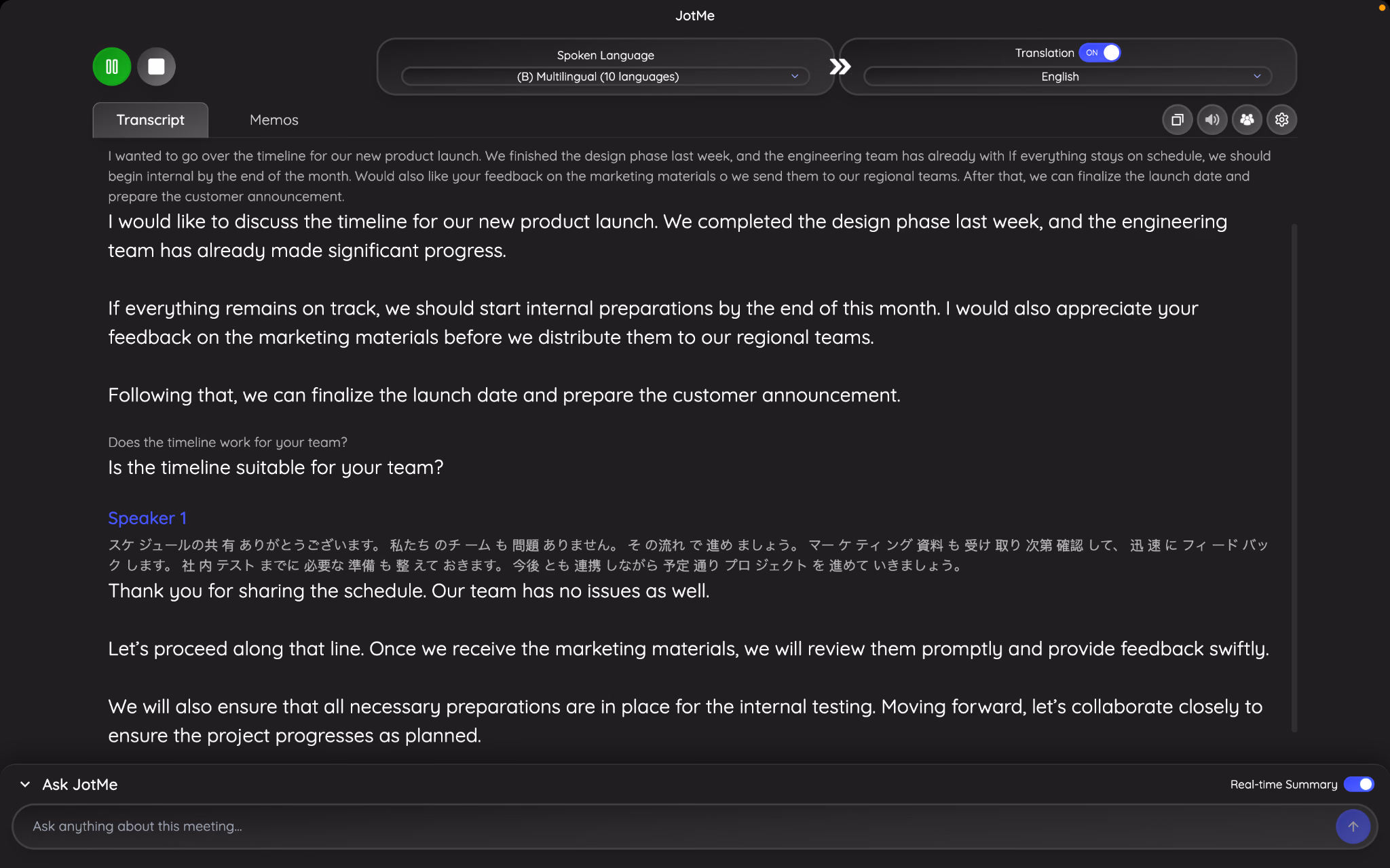 Kontinuierliche JotMe-Live-Übersetzung zwischen Englisch und Japanisch in einem Zoom-Meeting