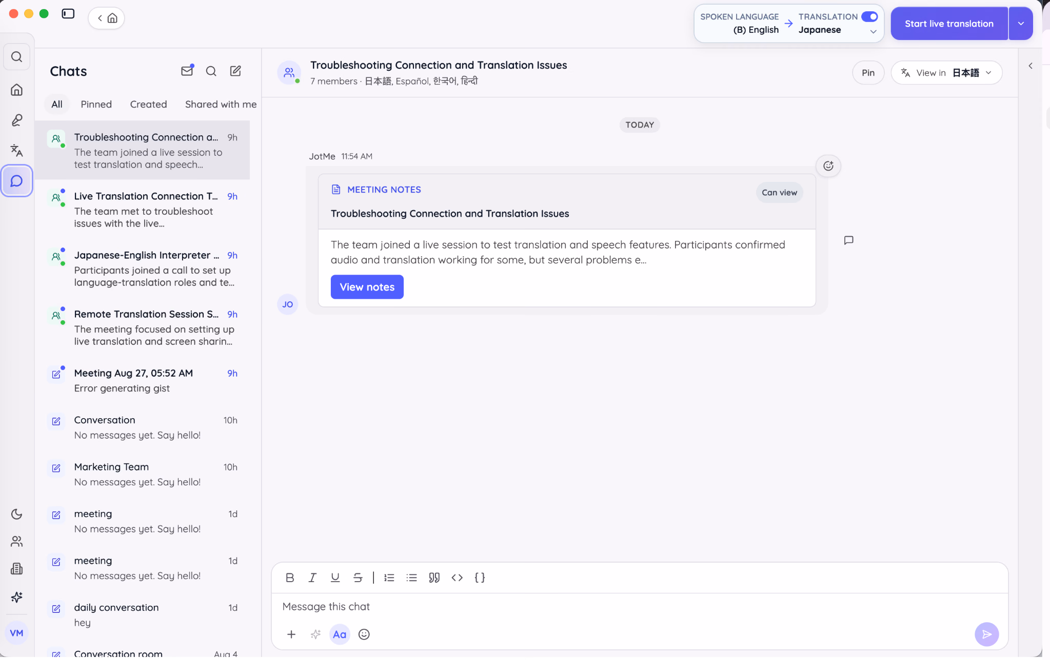 JotMe Chat workspace