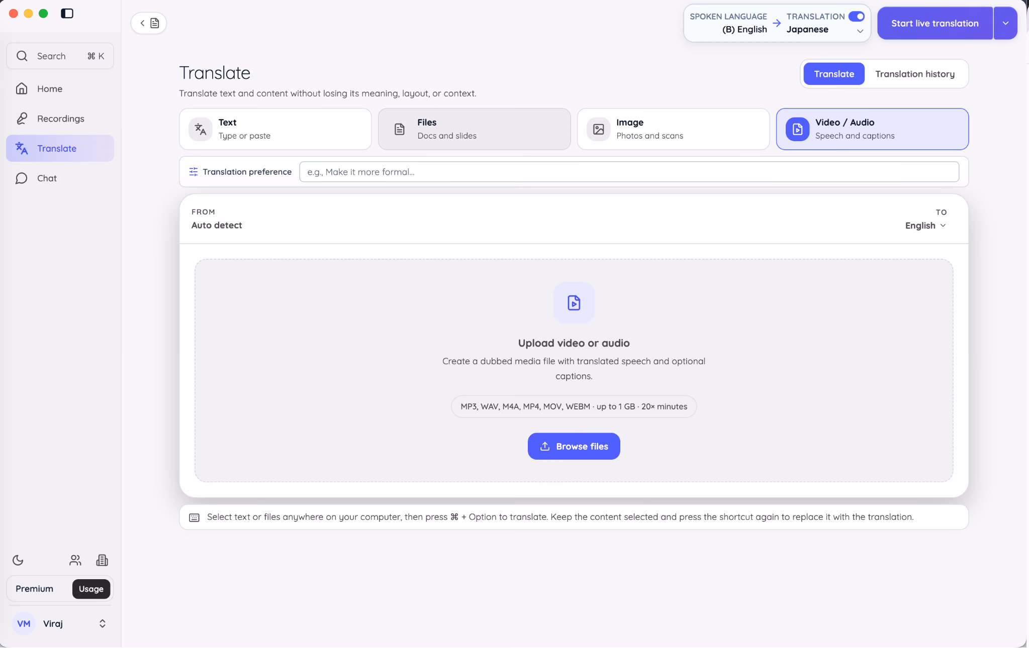 JotMe Translate workspace in Video and Audio mode