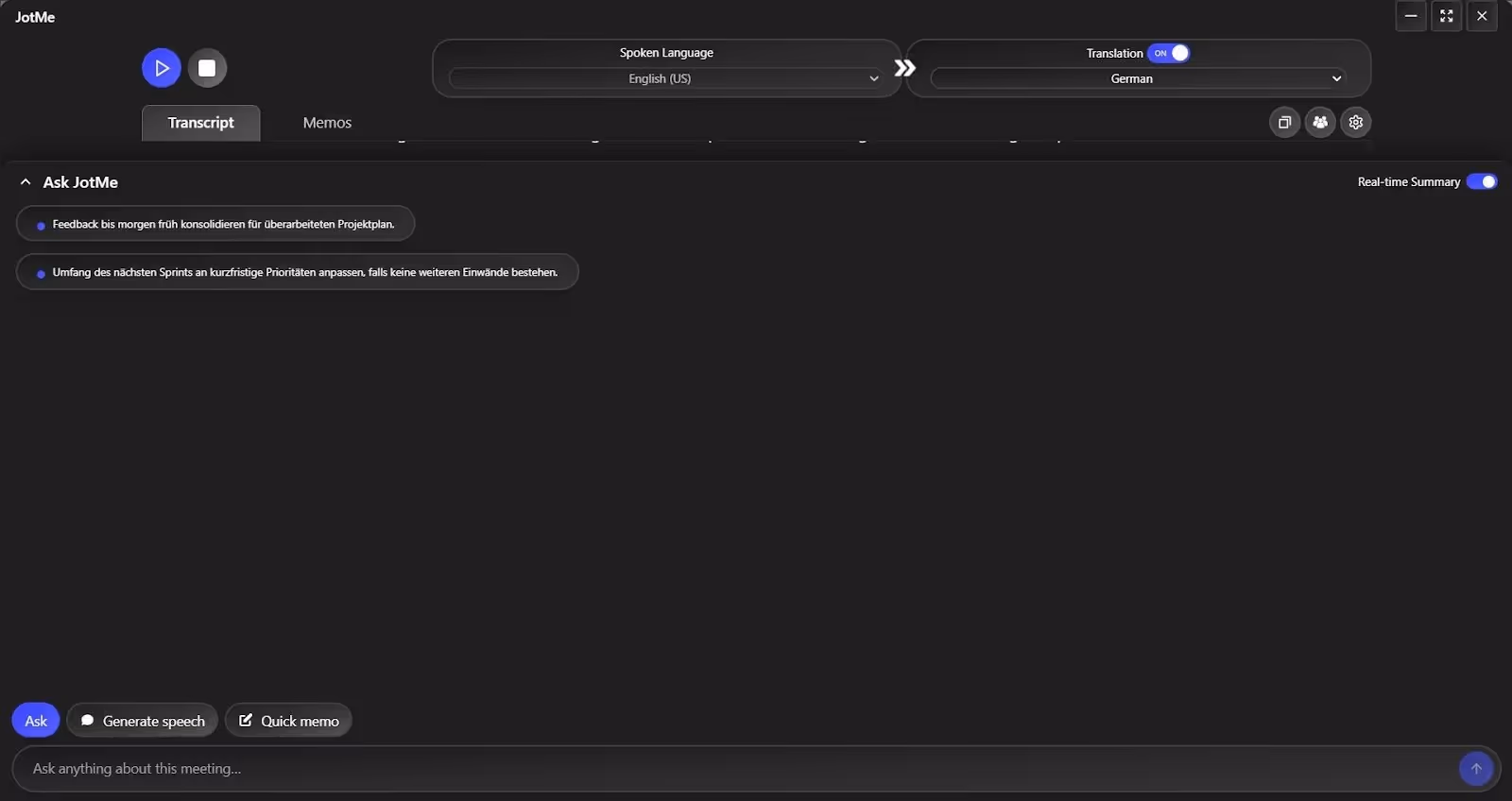 real time summary of jotme