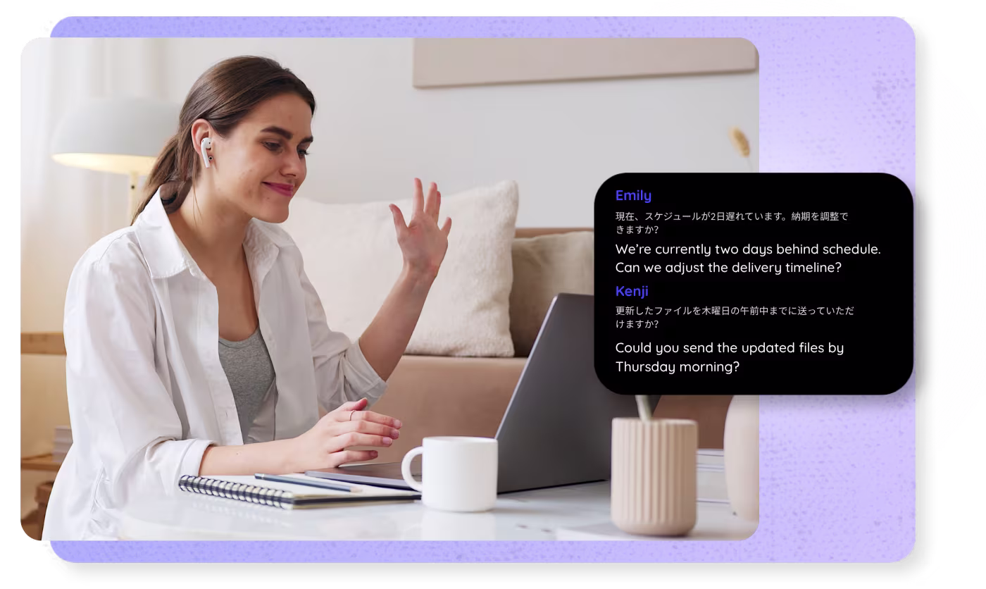 JotMe translated captions from speakers in a Zoom meeting, with shared live translation.