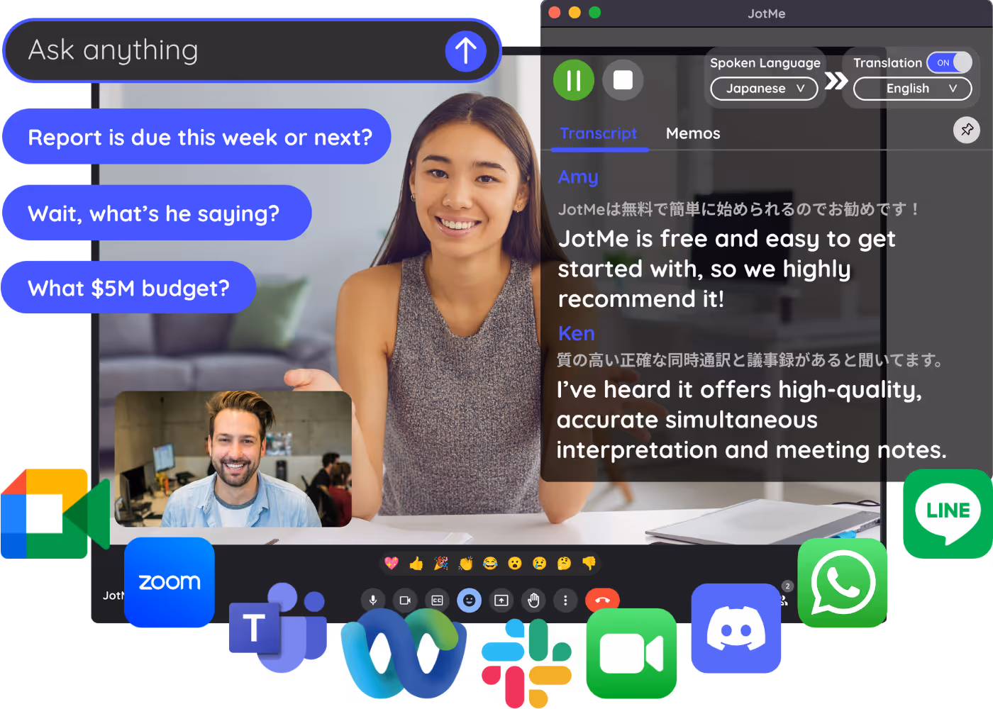 JotMe live translation, translated captions, AI chat, and meeting notes across video conferencing platforms.