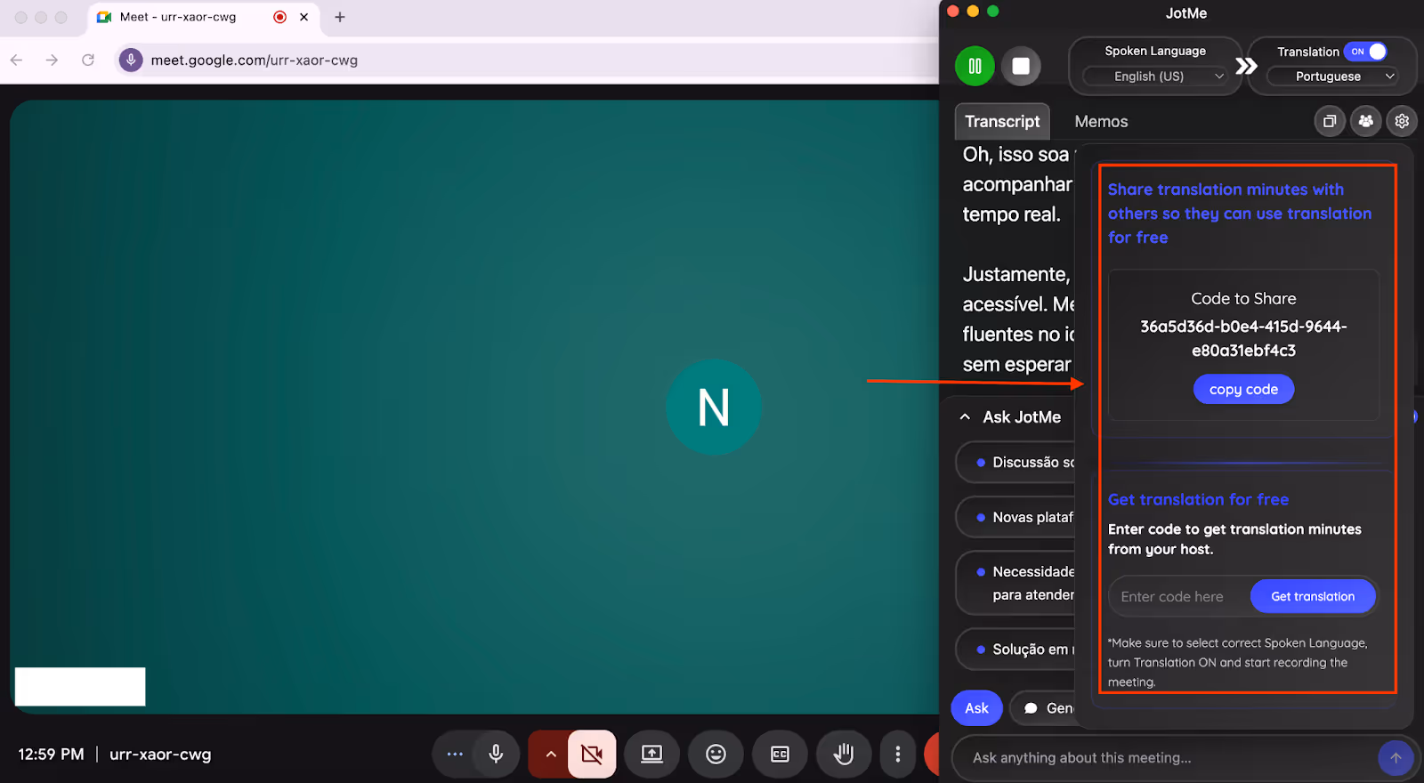 jotme sharing translation minutes