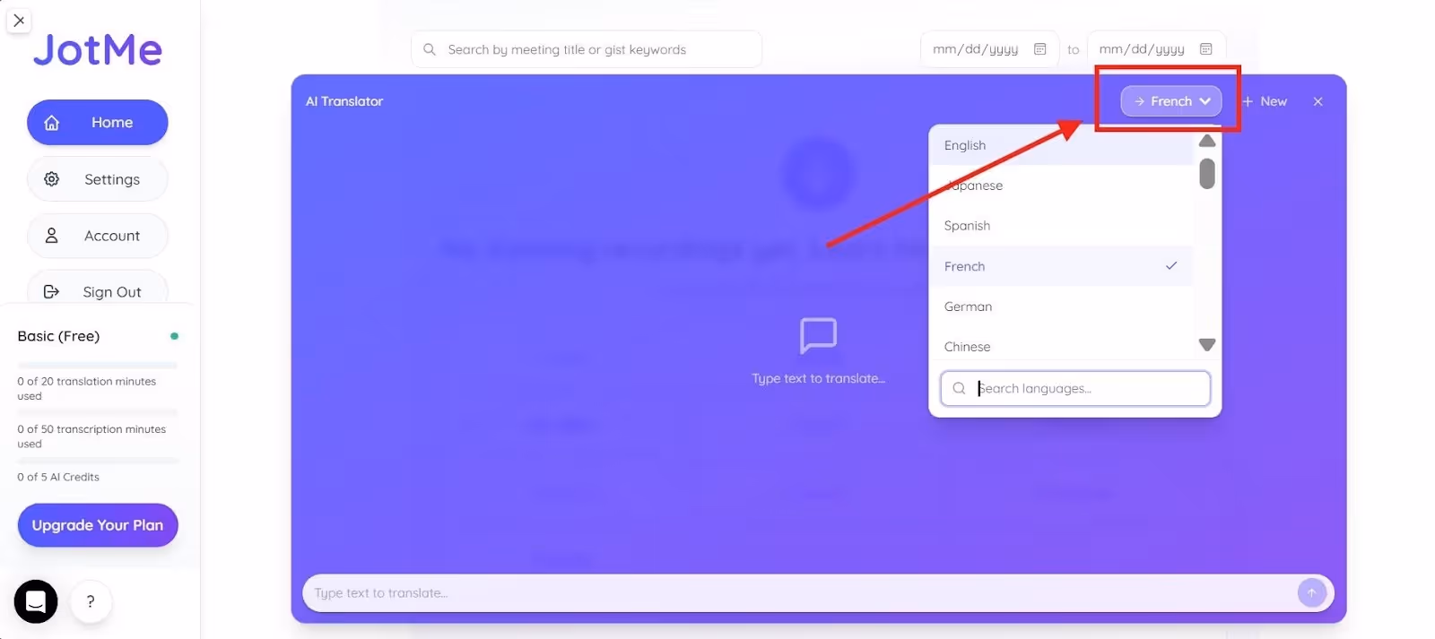 jotme ai translator choose language