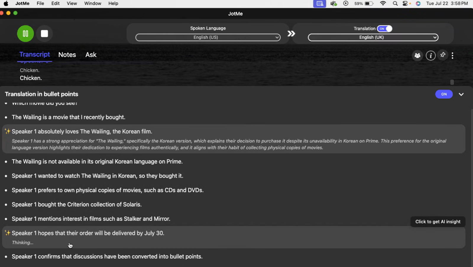 Übersetzte Stichpunkte eines Discord-Anrufs in JotMe