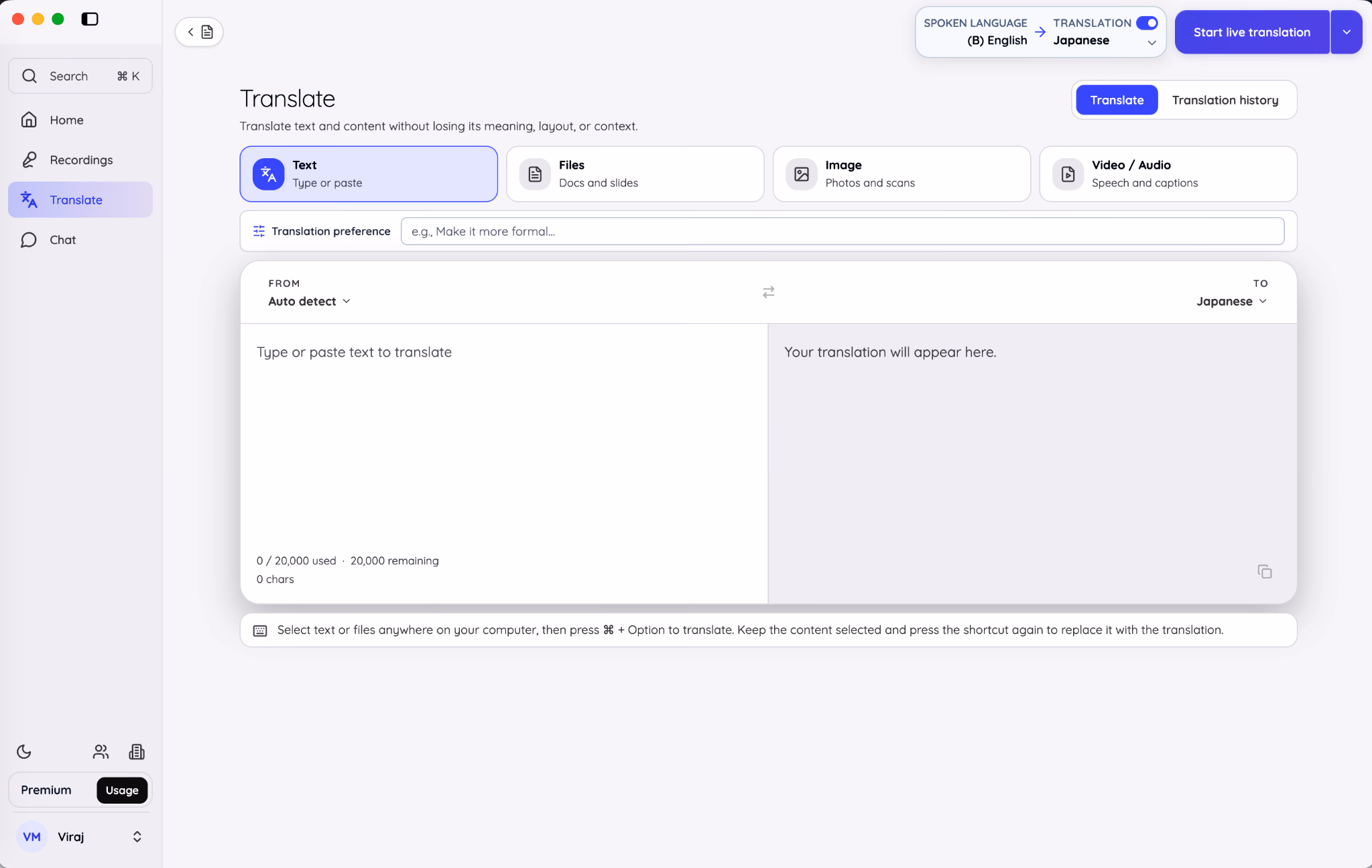 JotMe Translate workspace in Text mode