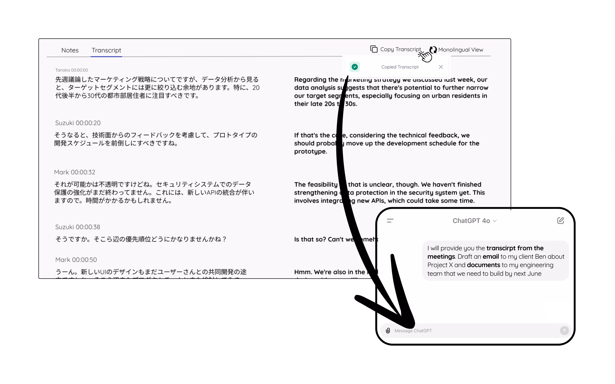 Copy and paste transcript in chatGPT