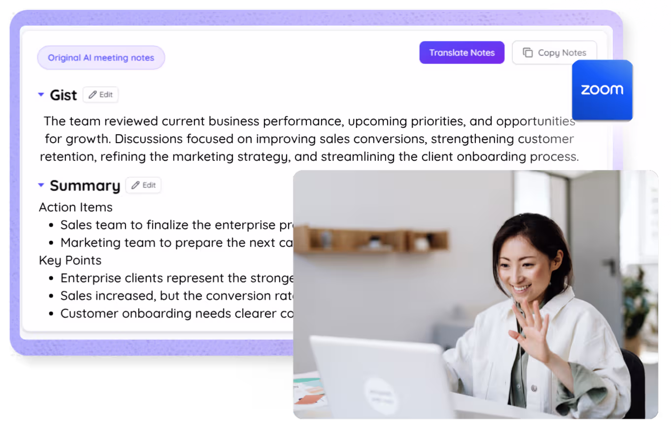 JotMe AI summaries during and after Zoom meetings in your language.