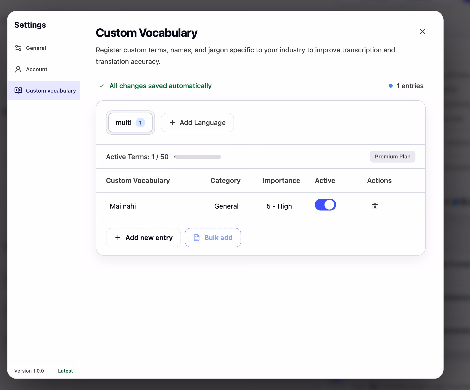 JotMe Custom Vocabulary settings