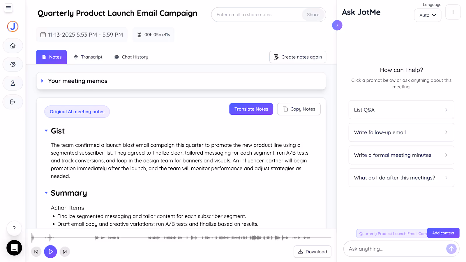 jotme ai notes and summary
