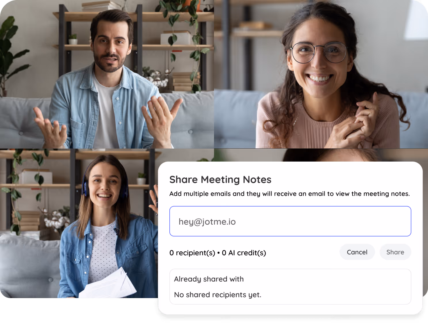 JotMe sharing meeting notes, transcripts, and audio recordings so recipients can review them in their own language.
