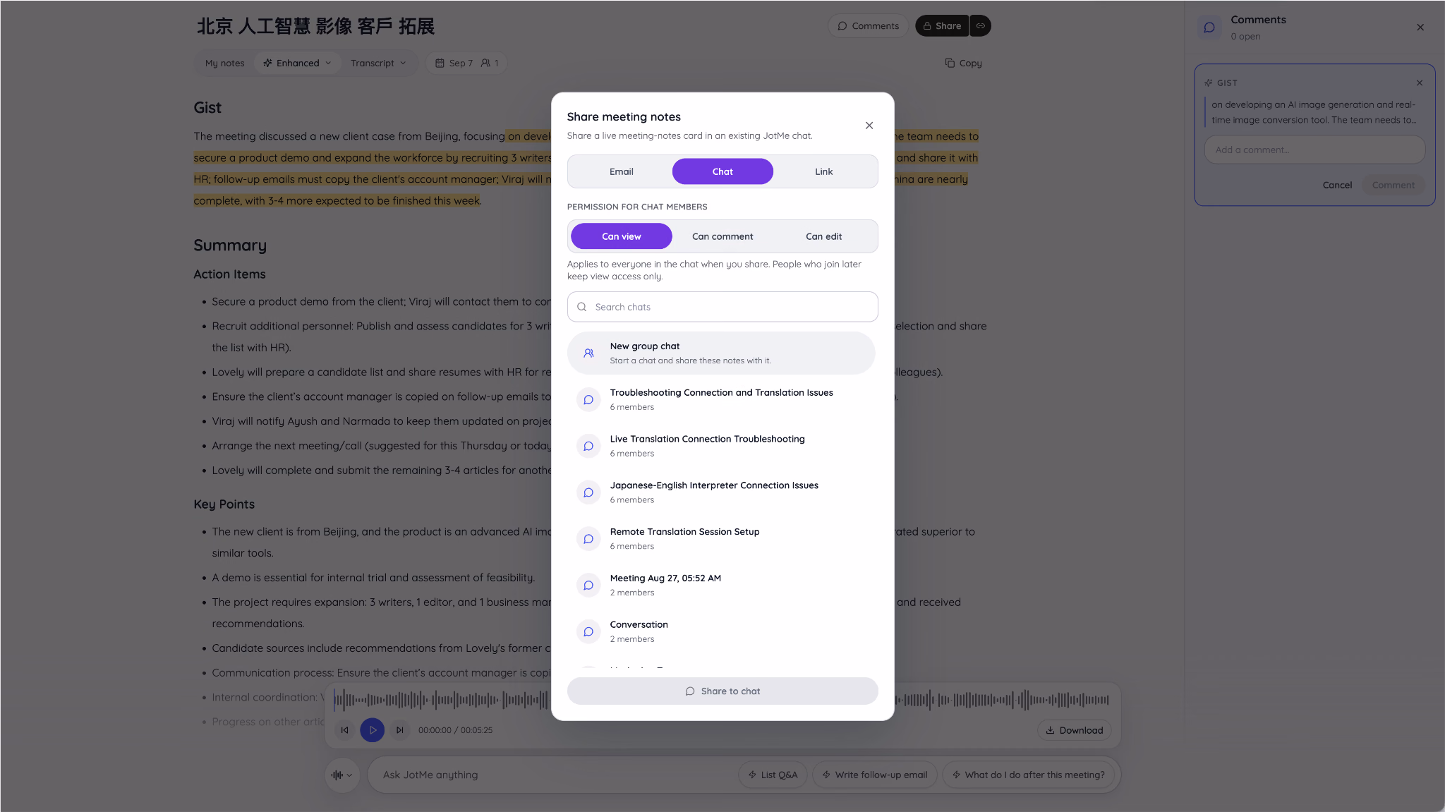 JotMe share dialog listing existing chats