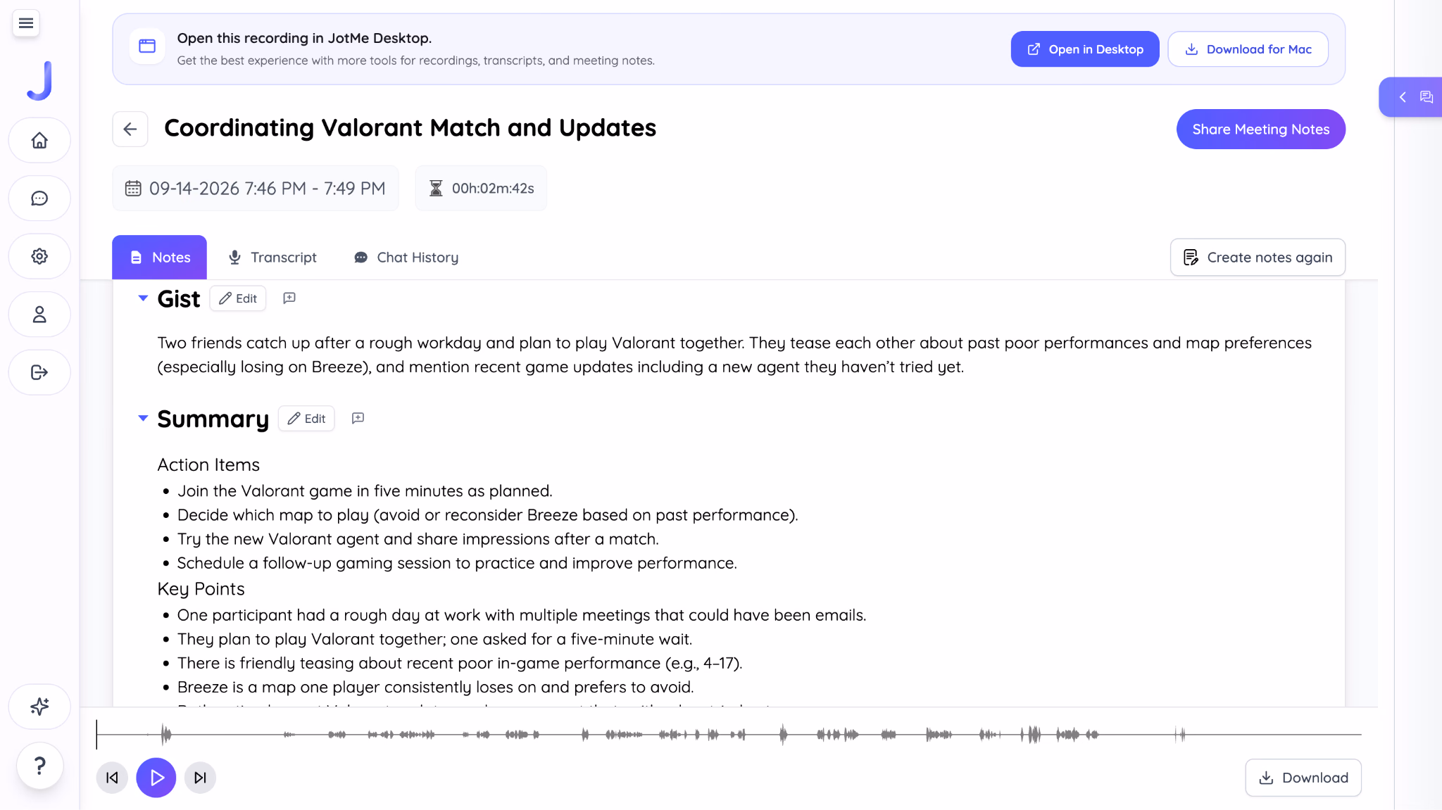 Discord-Anruf-Transkript und KI-Zusammenfassung im JotMe-Dashboard