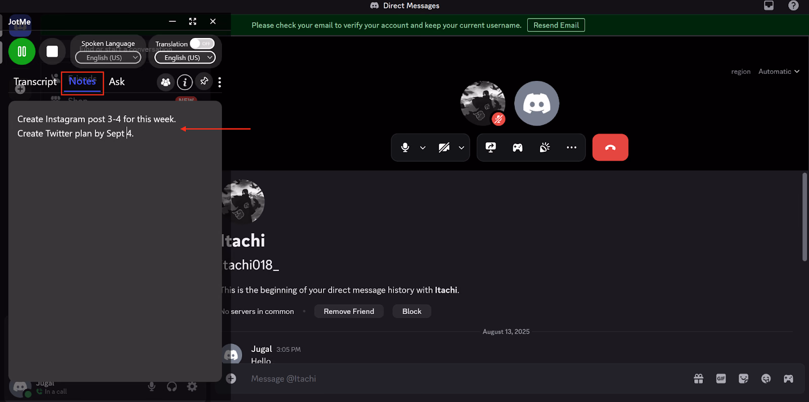 KI-Meeting-Notizen von JotMe aus einem Discord-Anruf-Transkript