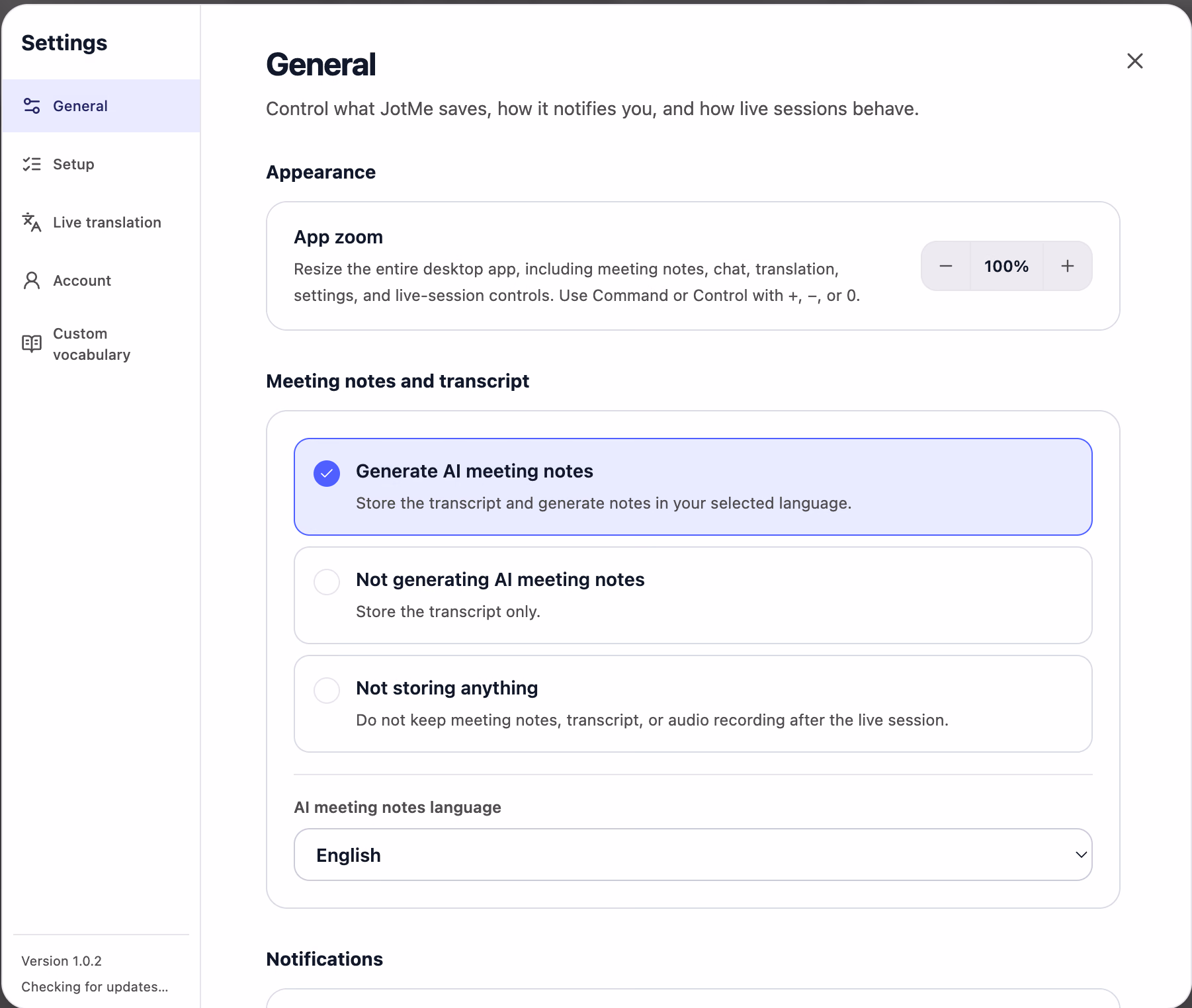 JotMe settings