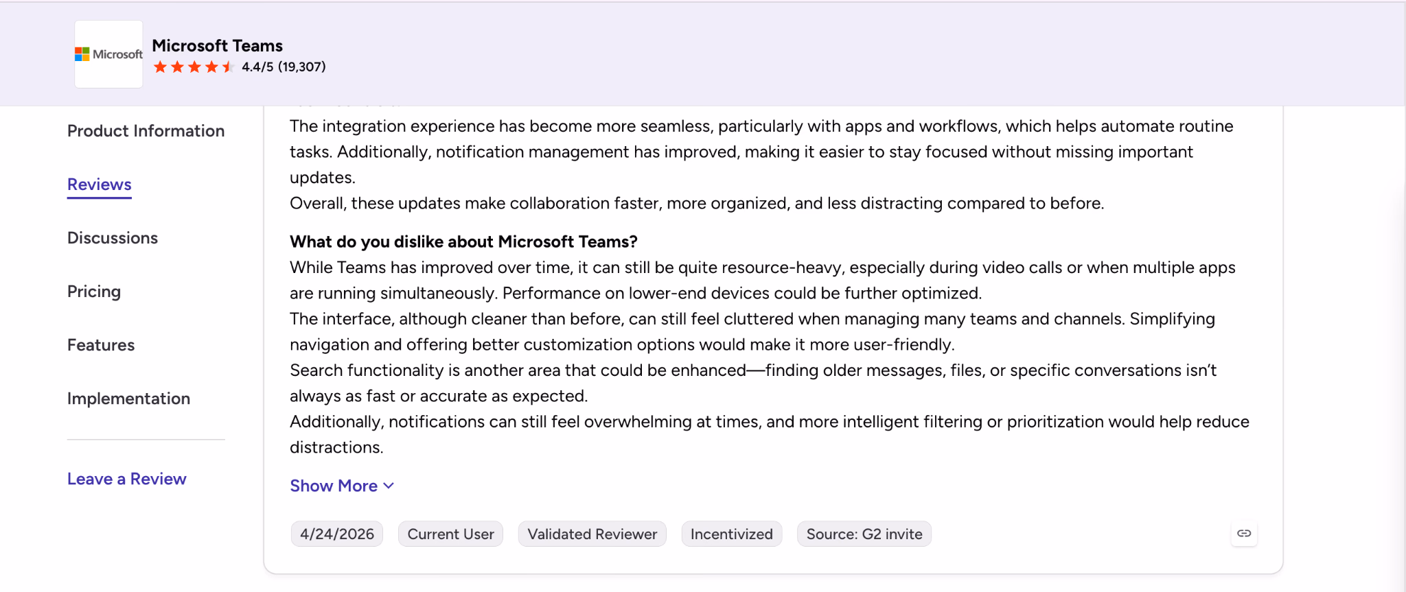 G2 review page for Microsoft Teams
