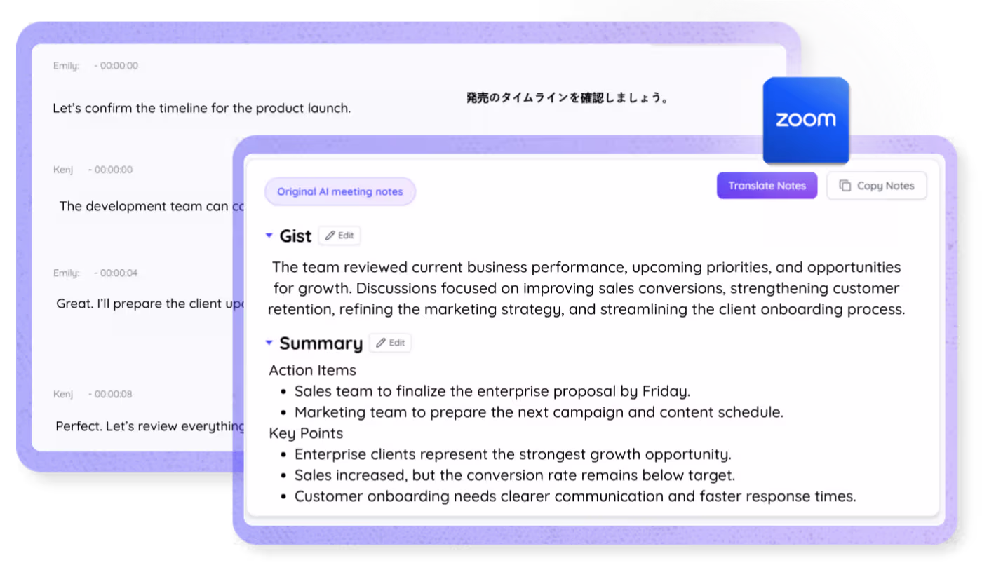 Zoom transcripts stored, searchable, and available for review in the JotMe dashboard.