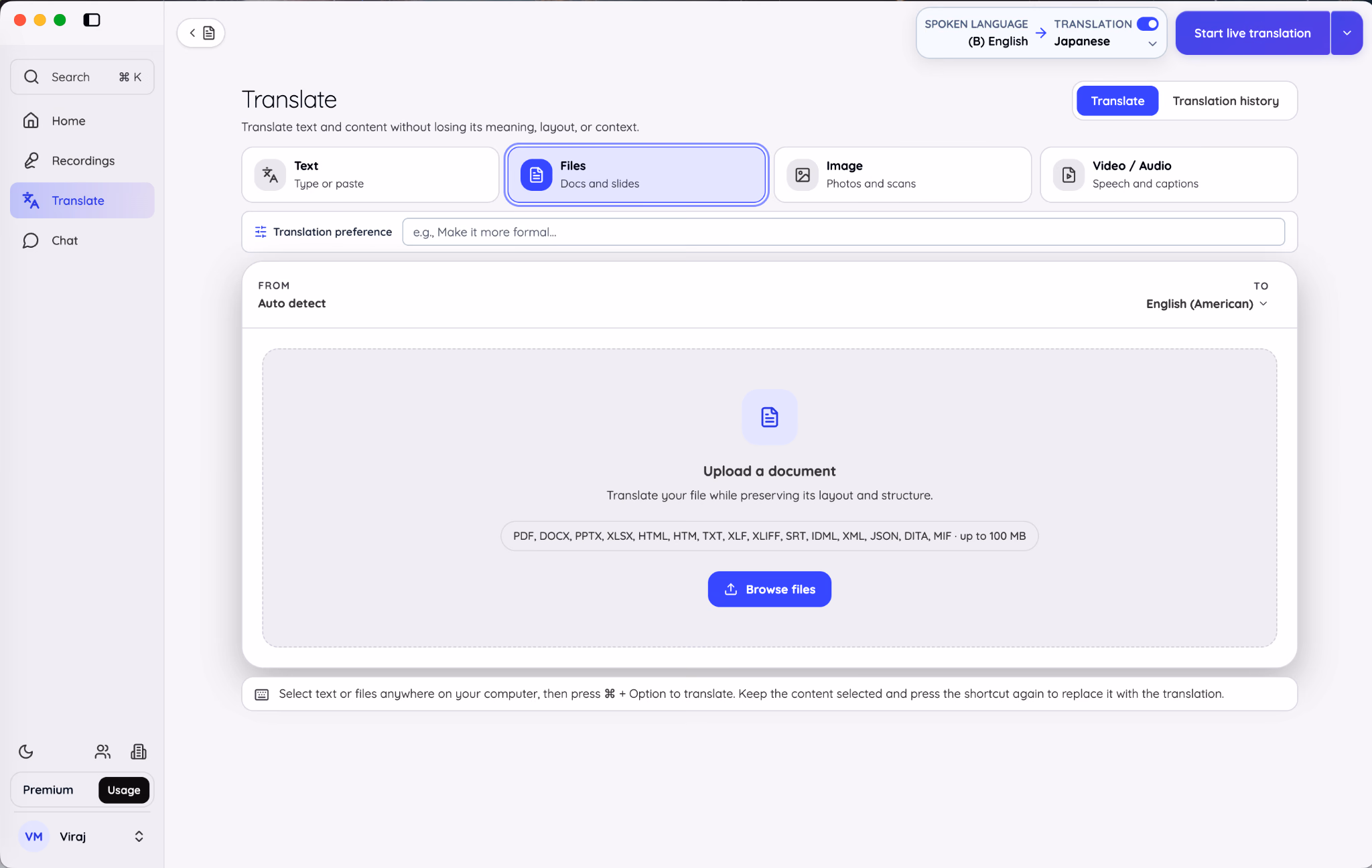 JotMe Translate workspace in File mode