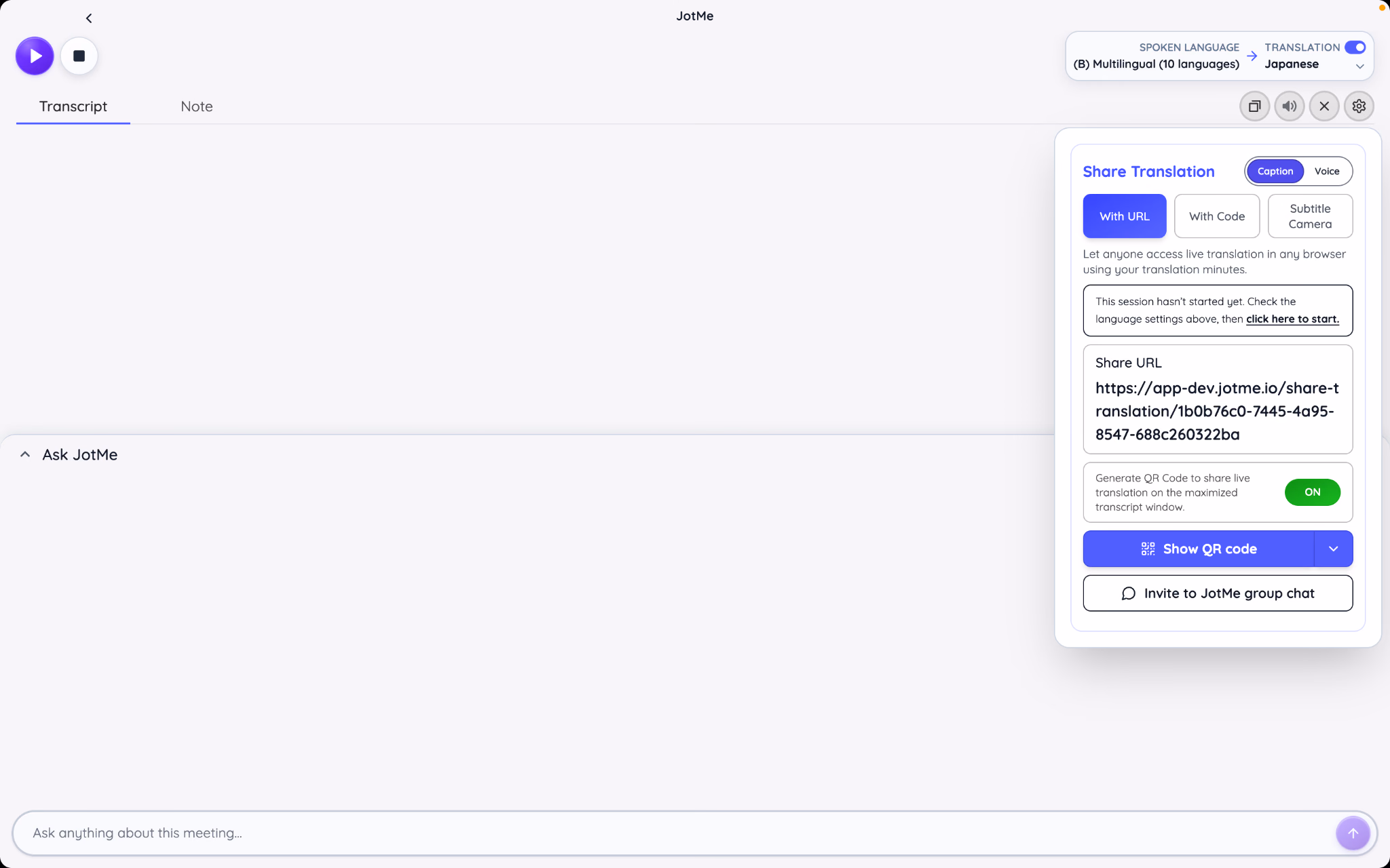 Share live captions or translated speech with jotme