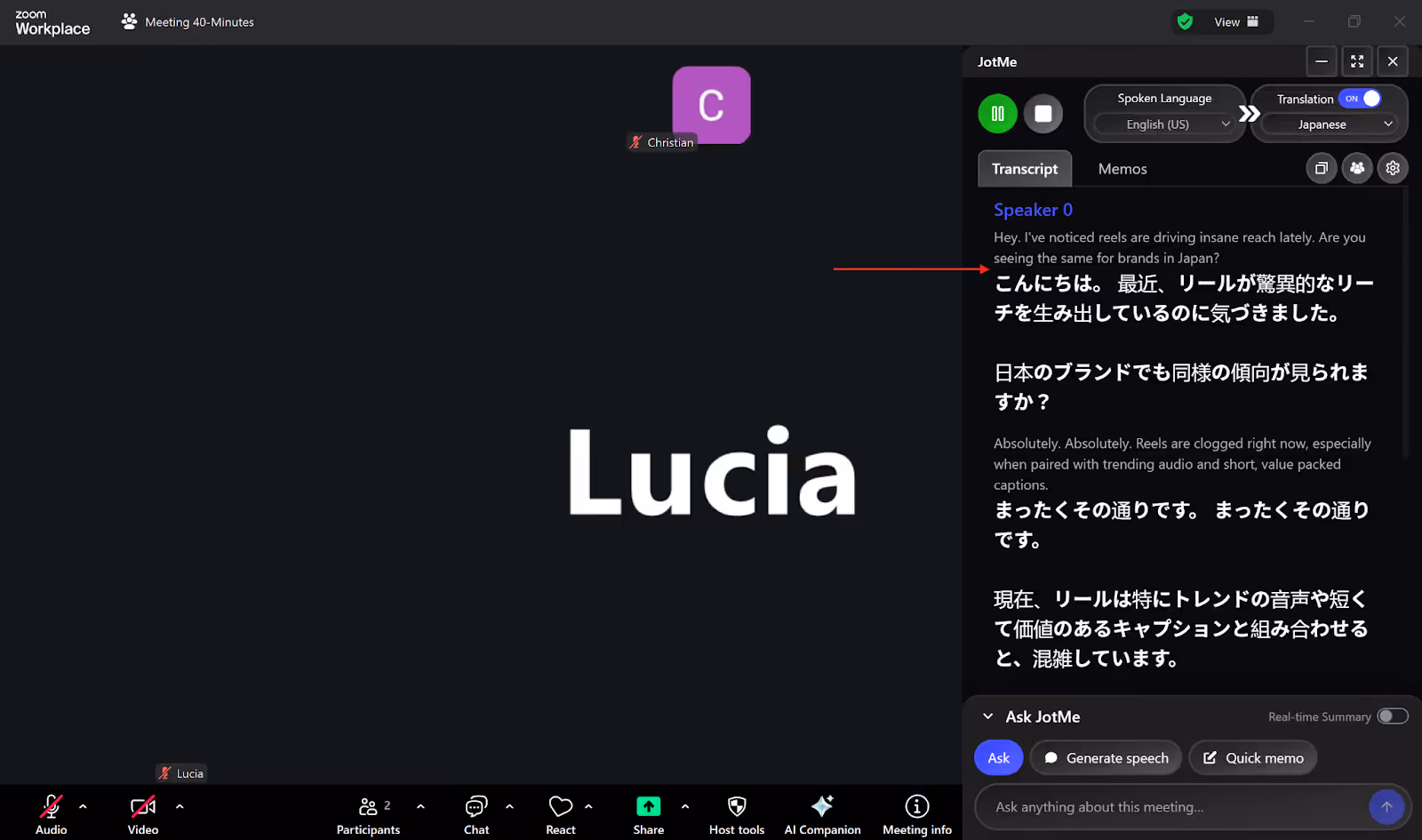 jotme real-time transcription and translation