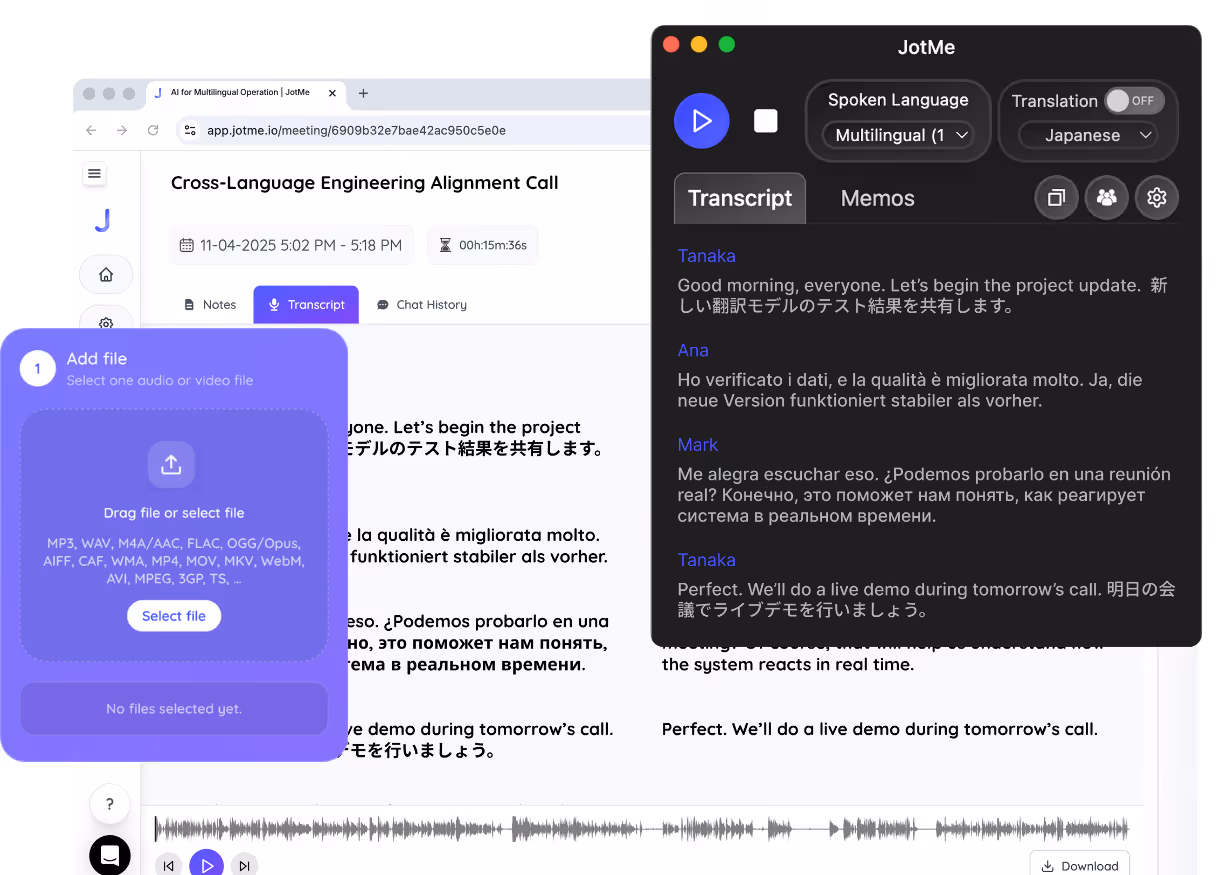 Транскрипция JotMe в реальном времени и для загруженных аудио- или видеофайлов на более чем 200 языках с определением говорящих.