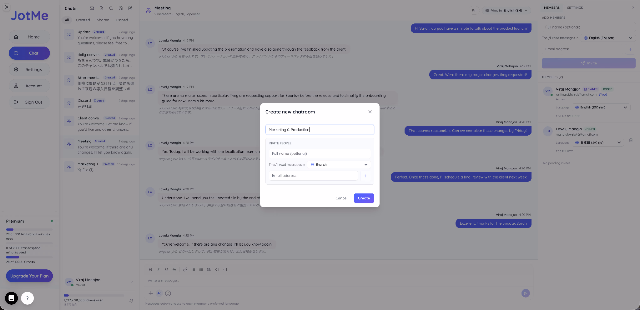 jotme ai chat cho cuộc họp
