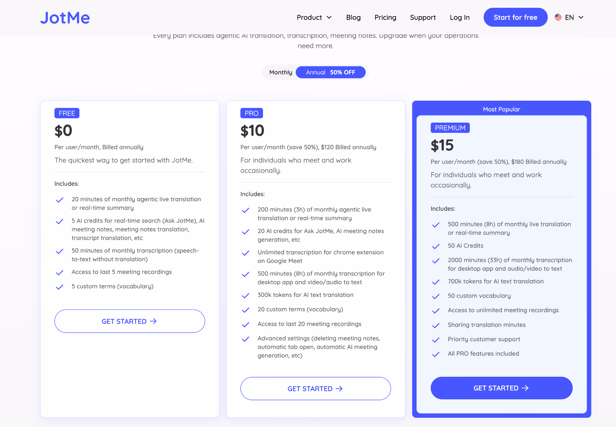 JotMe annual pricing