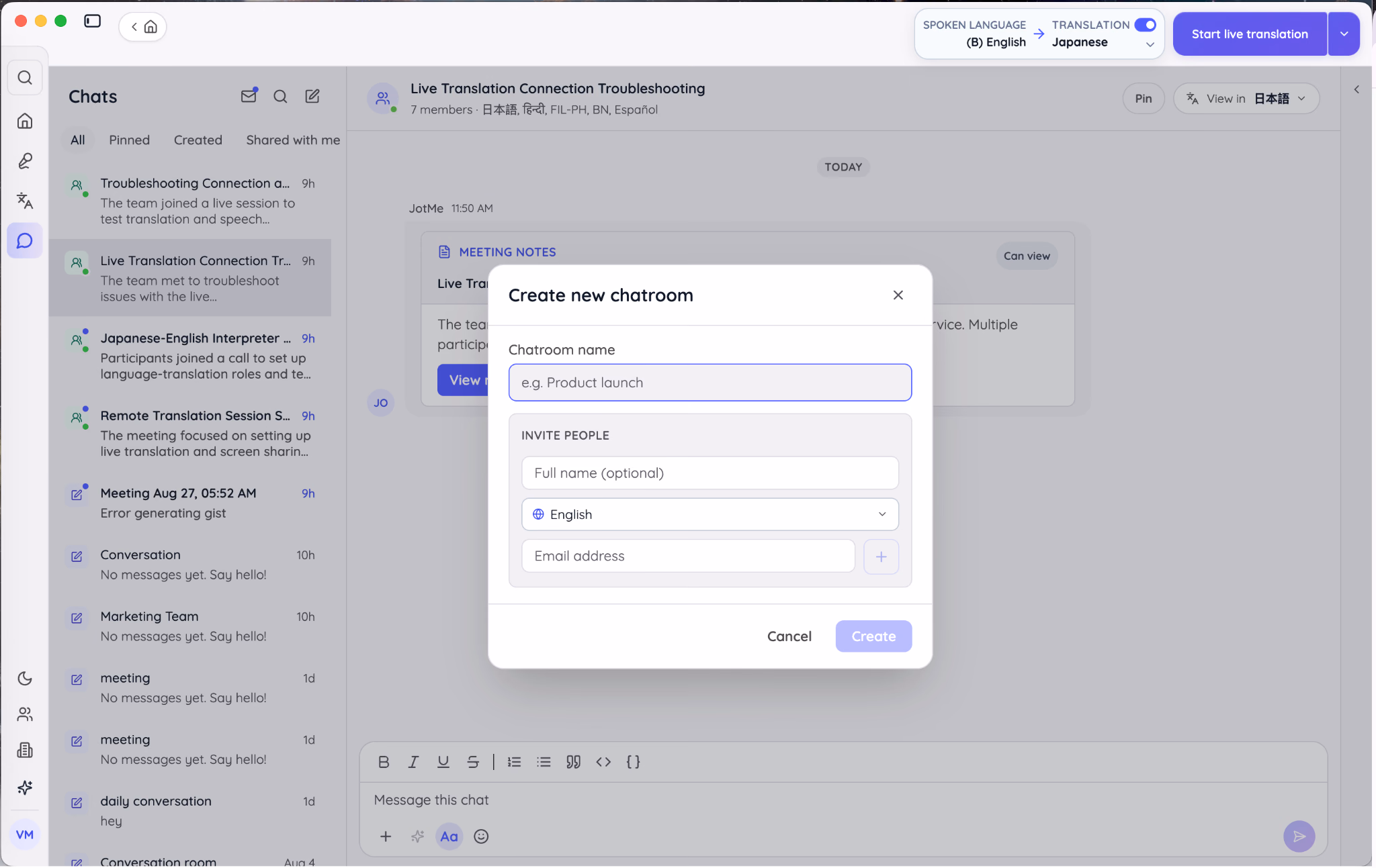 JotMe Create new chatroom dialog