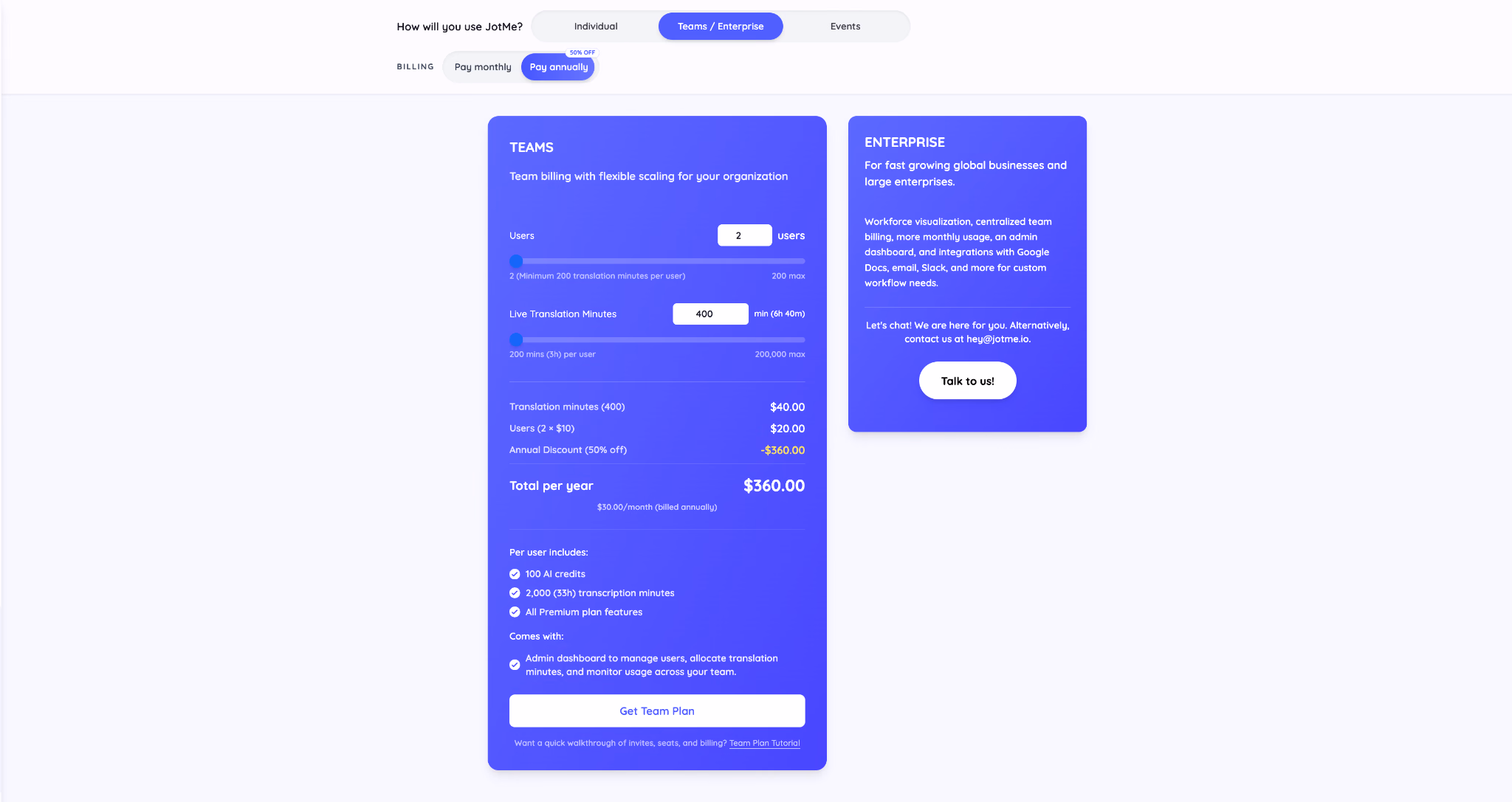 JotMe Team pricing calculator