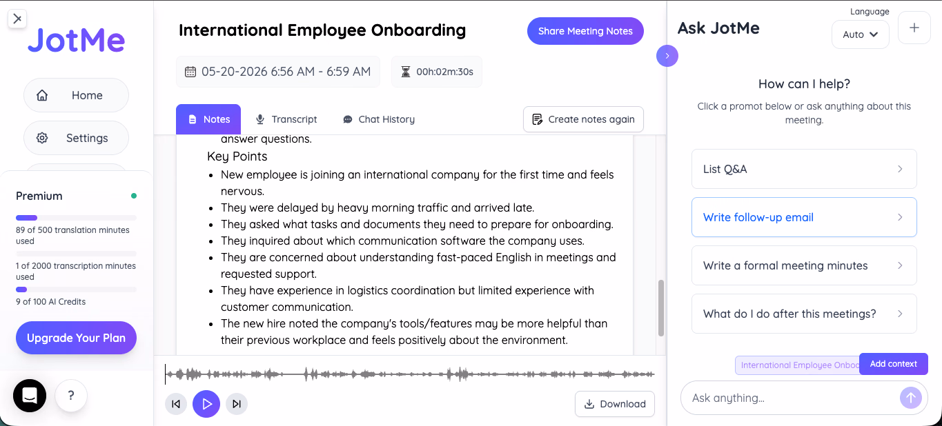 JotMe Notizen eines mehrsprachigen Onboarding-Meetings