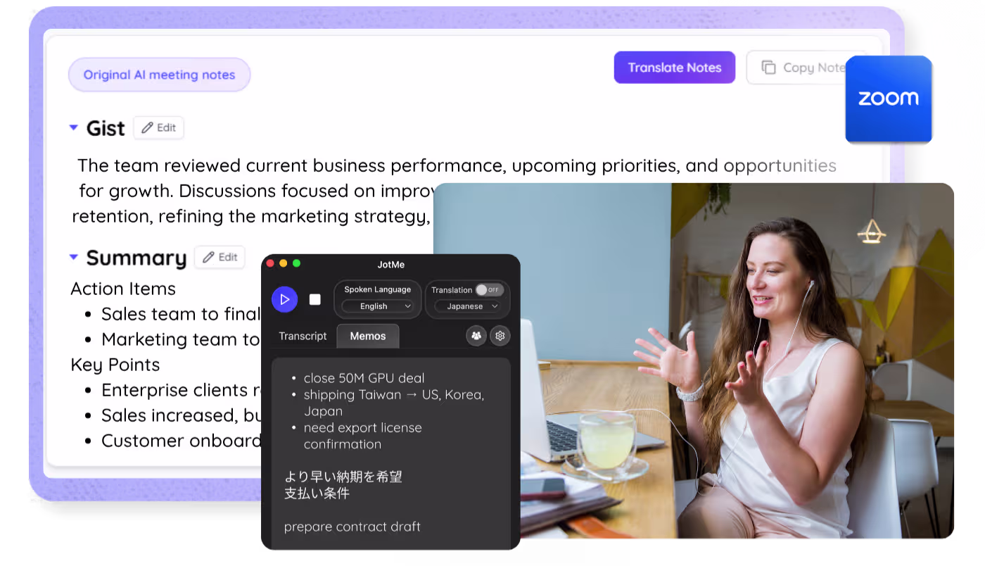 JotMe AI notes for Zoom meetings with key points and next action items.