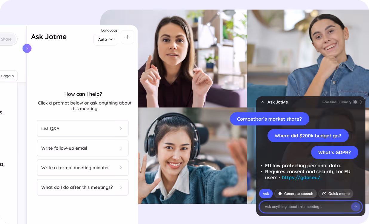 Ask JotMe answers meeting and event questions in your language, helping verify information, clarify decisions, and follow up.