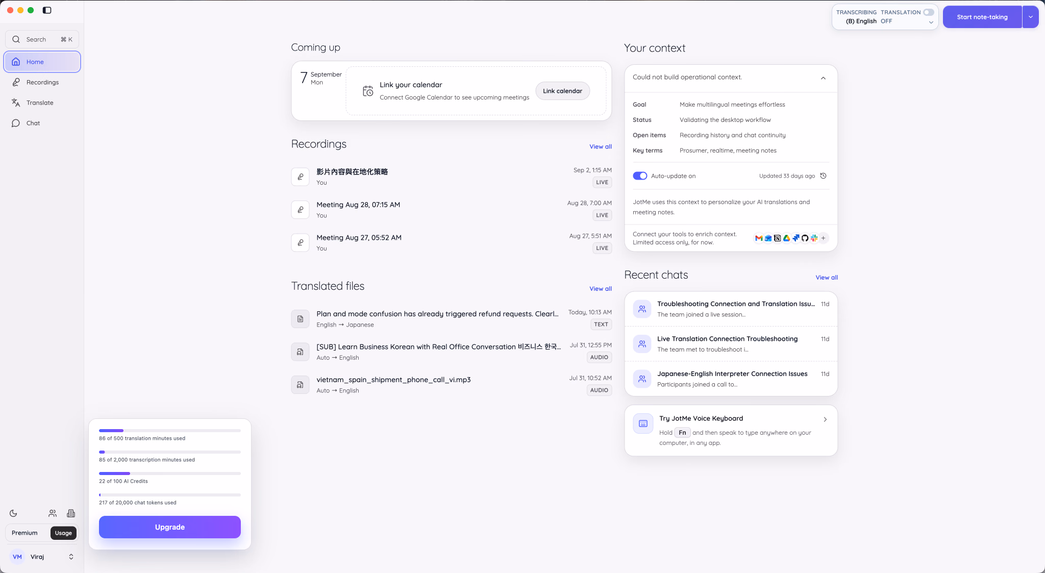 JotMe Desktop separate usage bars for translation minutes, transcription minutes, AI credits, and chat tokens.