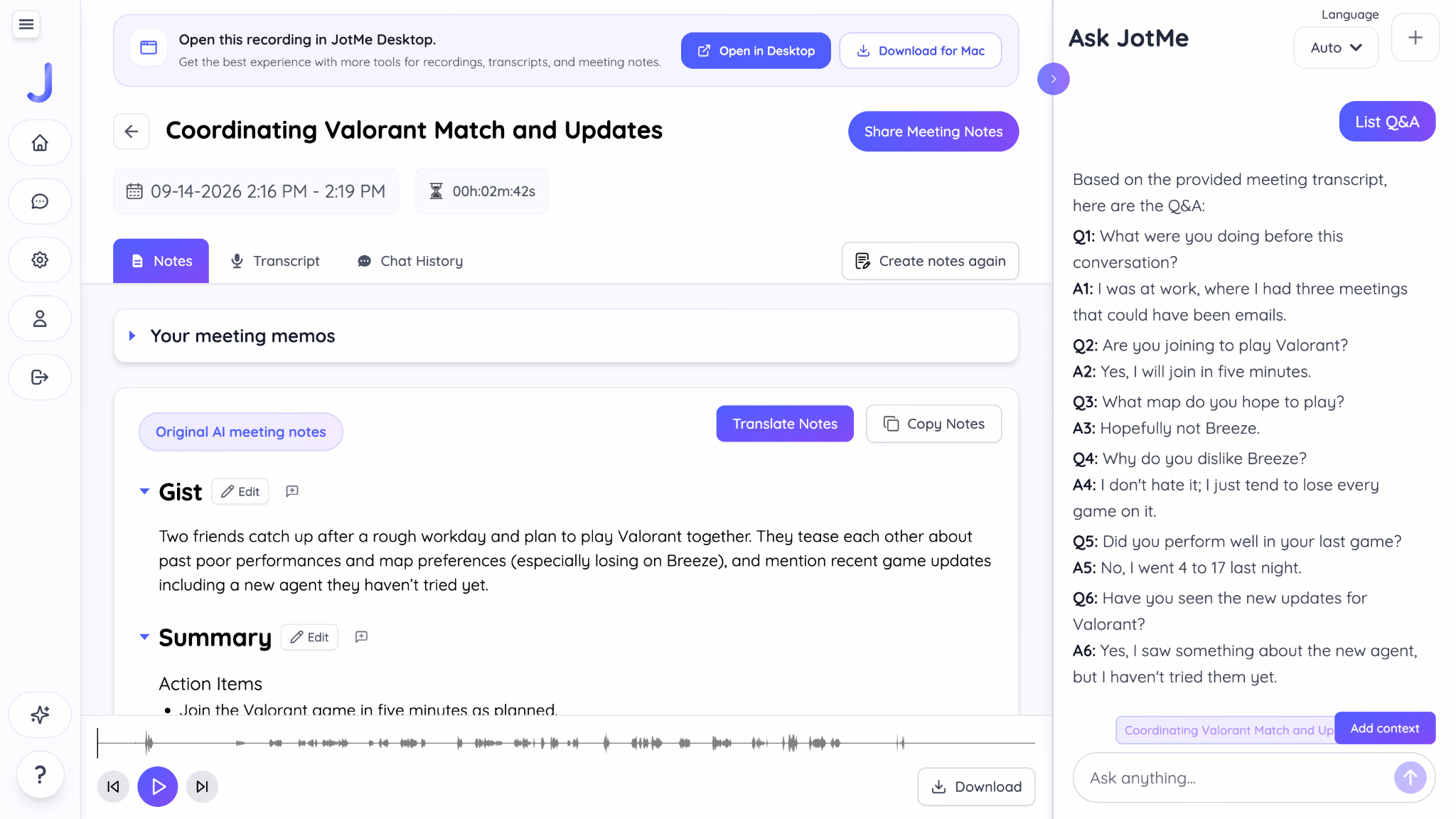Ask AI von JotMe beantwortet Fragen zu einem Discord-Anruf-Transkript