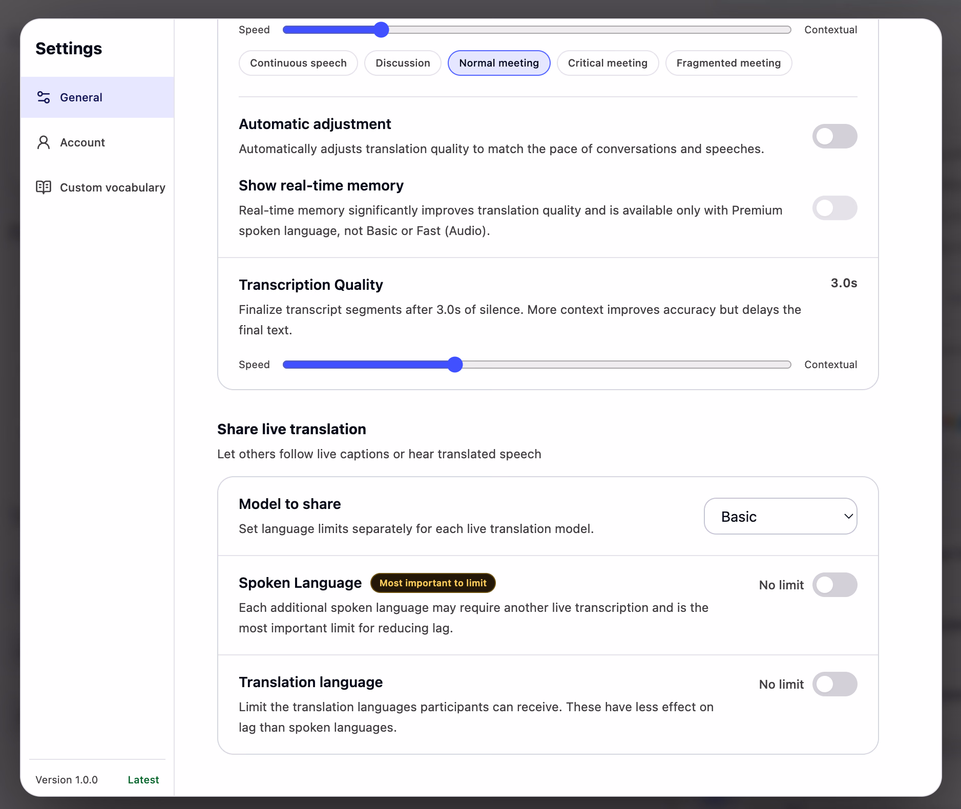 JotMe General settings showing translation quality