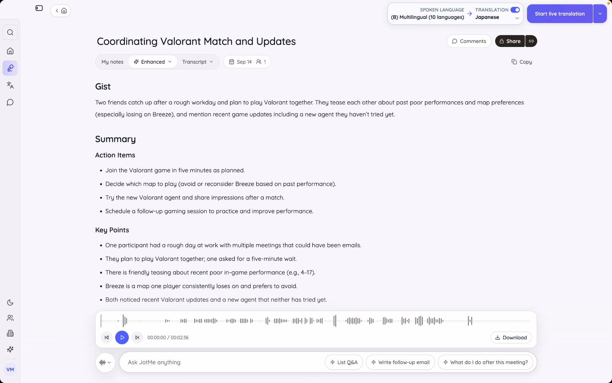 Strukturierte Handlungspunkte aus der Discord-Anruf-Transkription mit JotMe