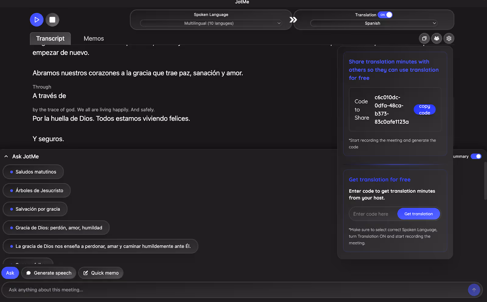 jotme sharing translation minutes