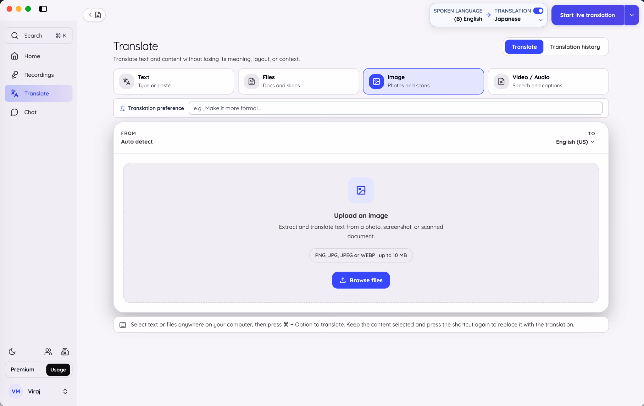JotMe Translate workspace in Image mode