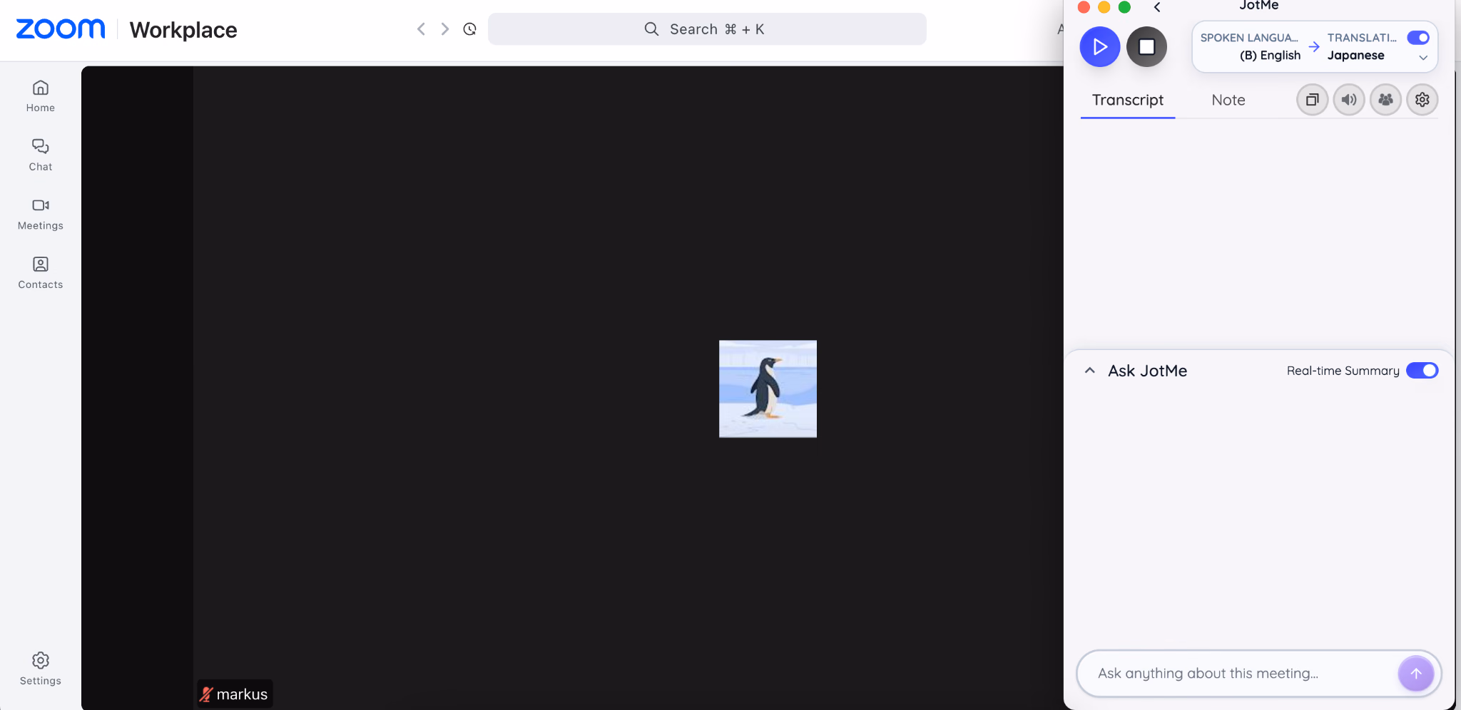 JotMe-Fenster rechts neben einem laufenden Zoom-Meeting