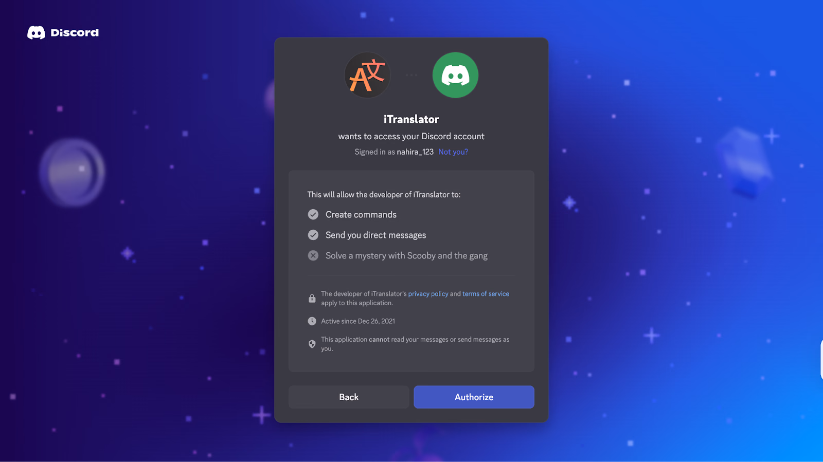 Berechtigungen für den Discord-Übersetzungs-Bot im Autorisierungsfenster